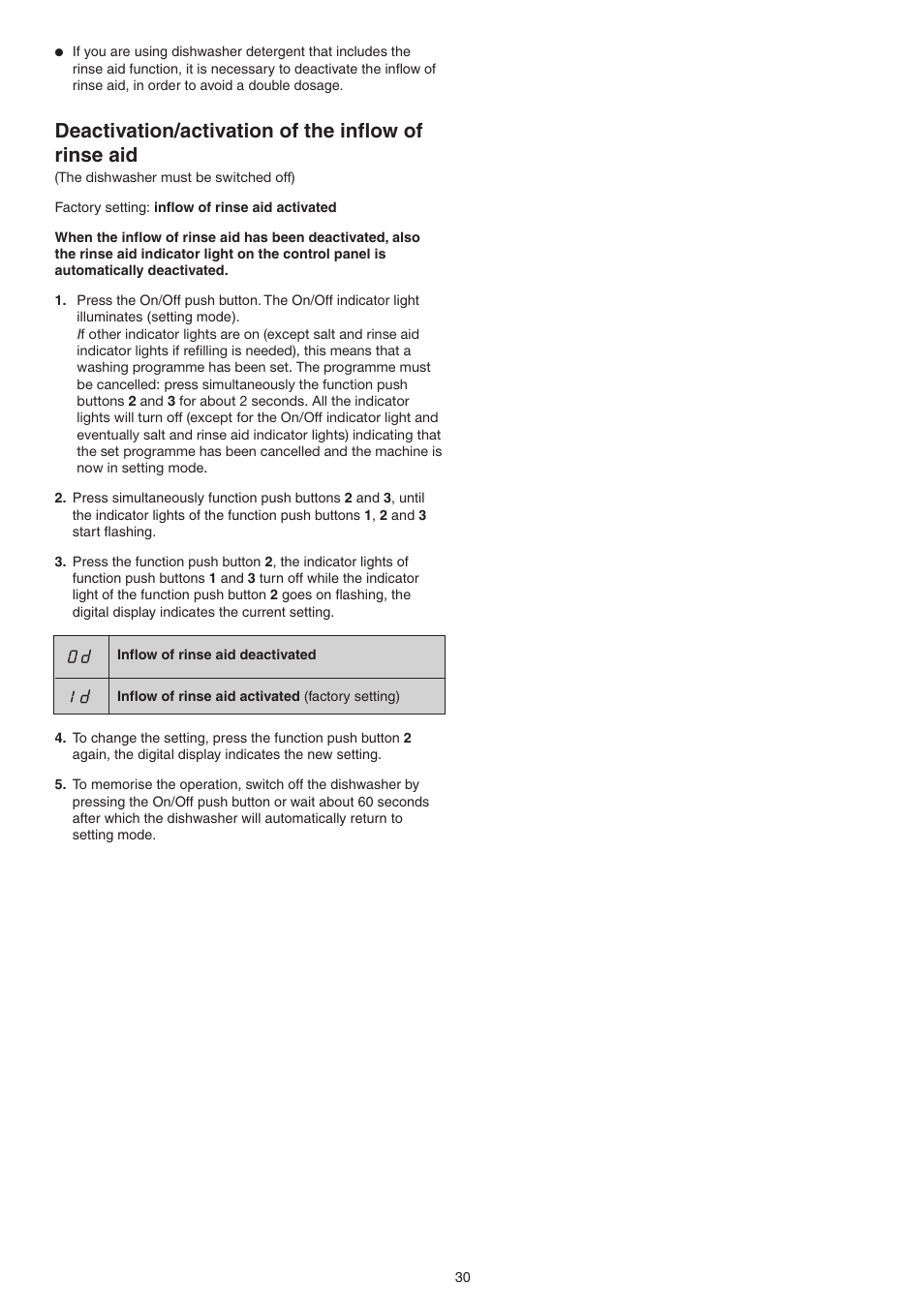 Deactivation/activation of the inflow of rinse aid | DE DIETRICH DVY430 User Manual | Page 30 / 60