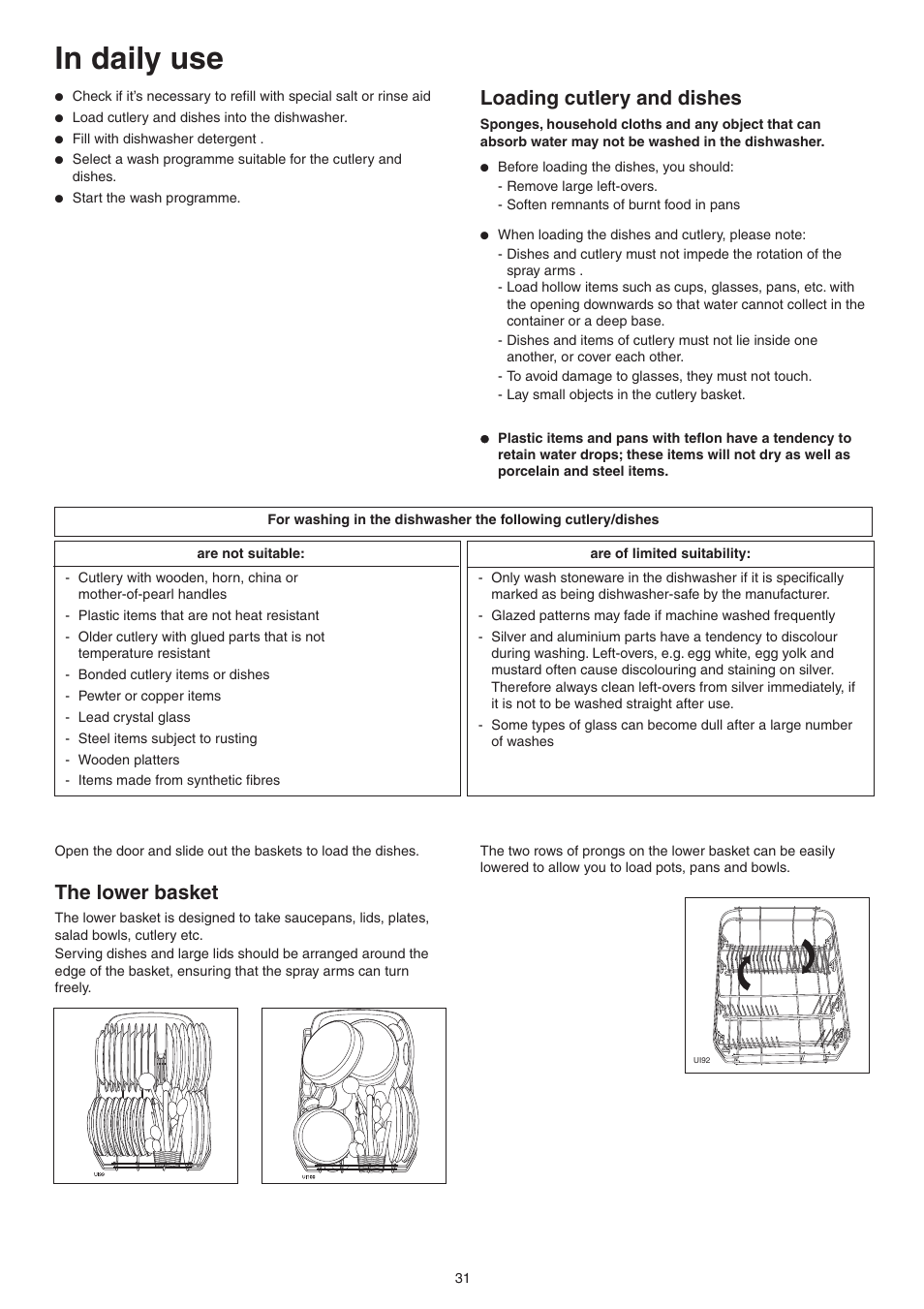 Loading cutlery and dishes, The lower basket | DE DIETRICH DVY430 User Manual | Page 31 / 60