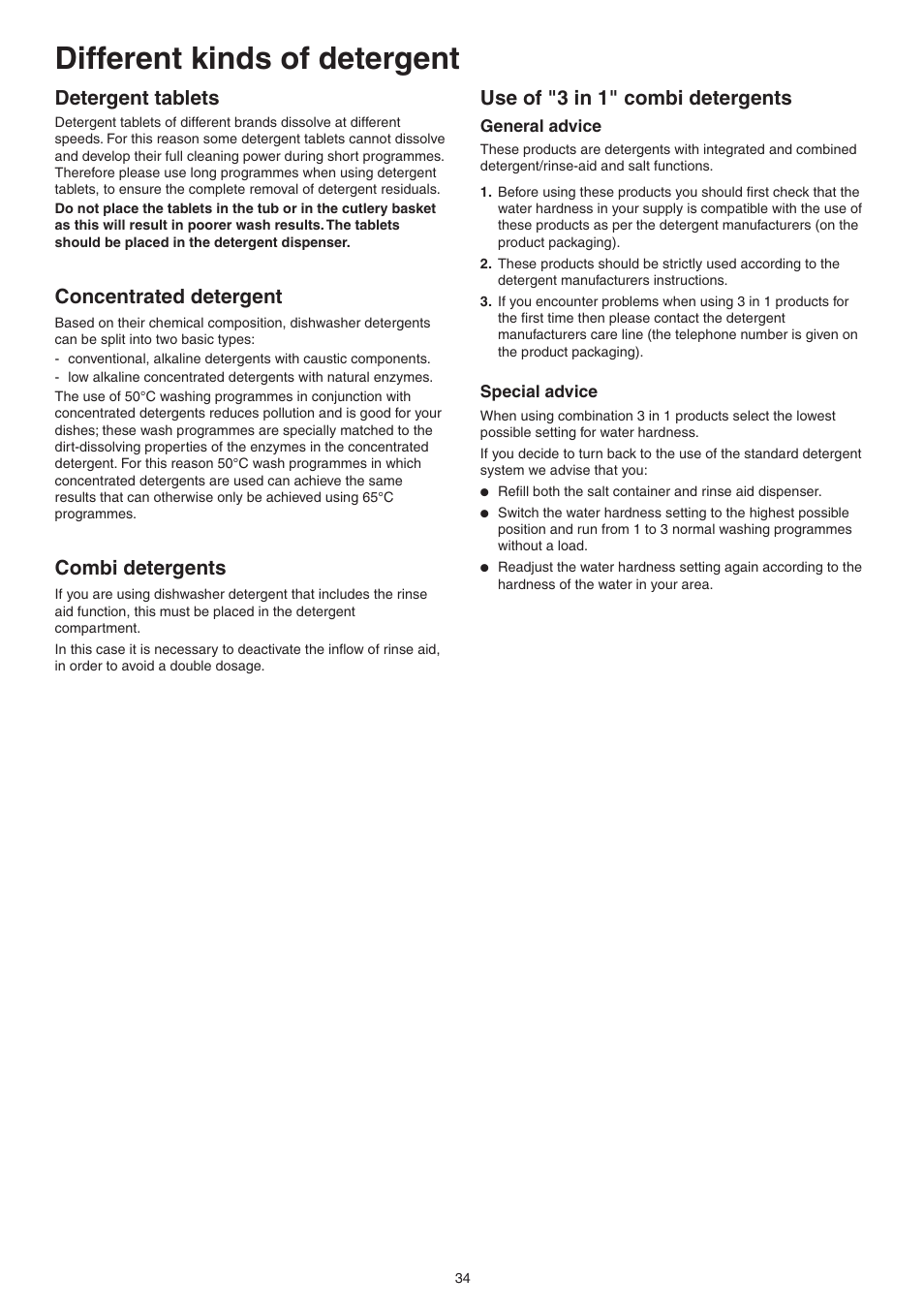 Different kinds of detergent, Detergent tablets, Concentrated detergent | Combi detergents, Use of "3 in 1" combi detergents | DE DIETRICH DVY430 User Manual | Page 34 / 60