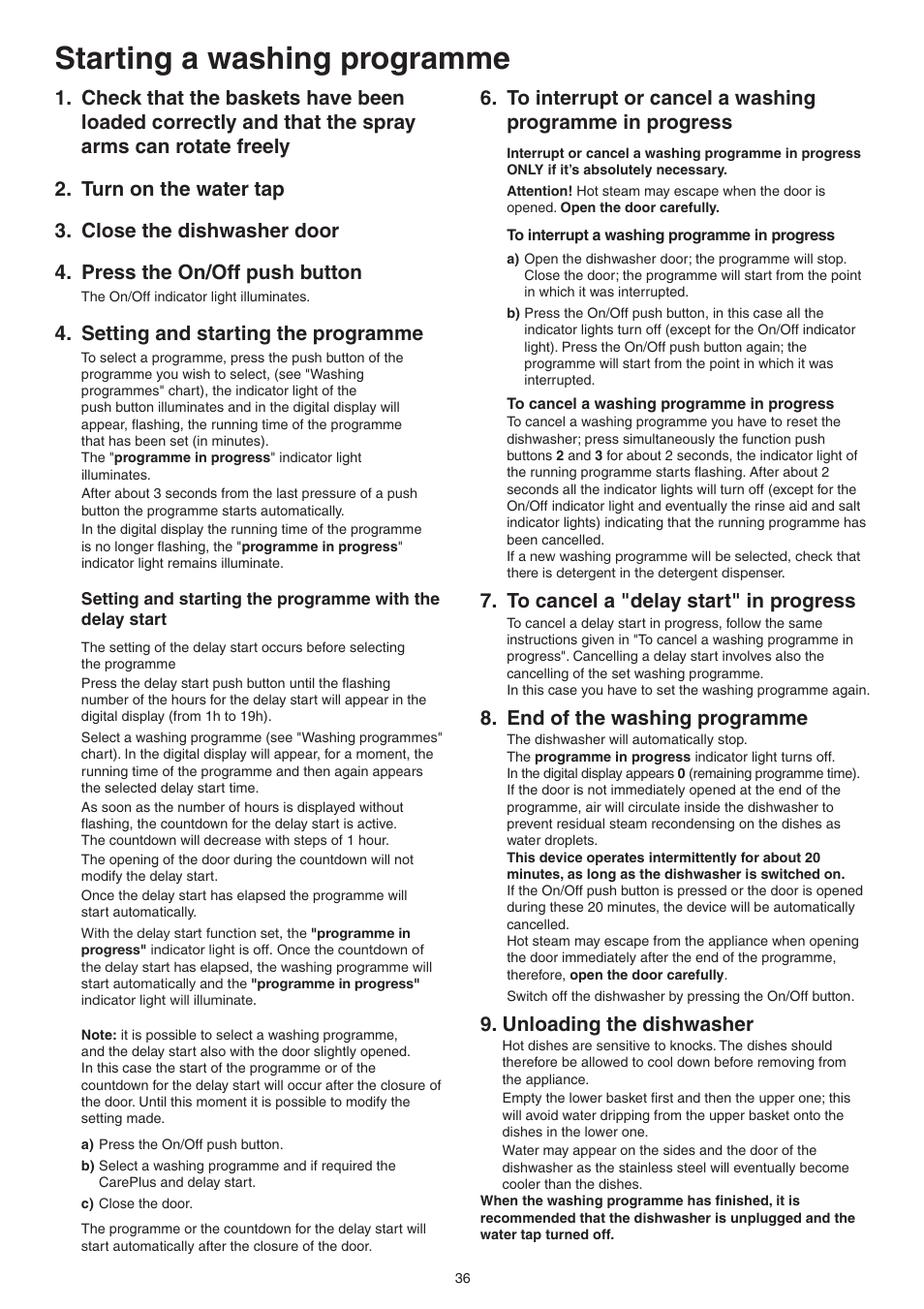 Starting a washing programme, Setting and starting the programme, End of the washing programme | Unloading the dishwasher | DE DIETRICH DVY430 User Manual | Page 36 / 60