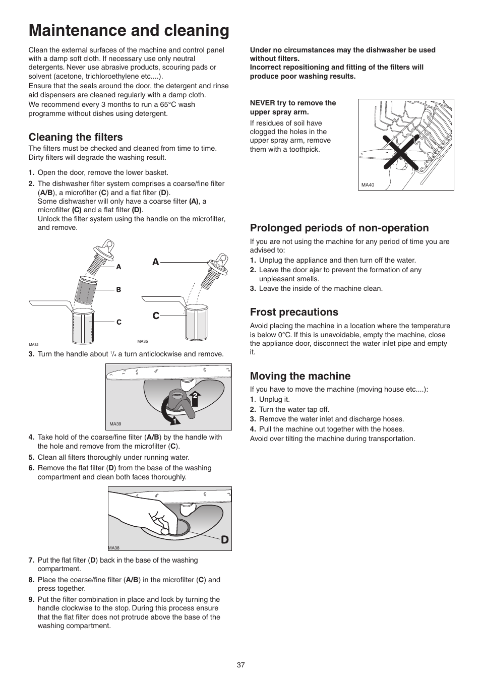 Maintenance and cleaning, Cleaning the filters, Prolonged periods of non-operation | Frost precautions, Moving the machine | DE DIETRICH DVY430 User Manual | Page 37 / 60