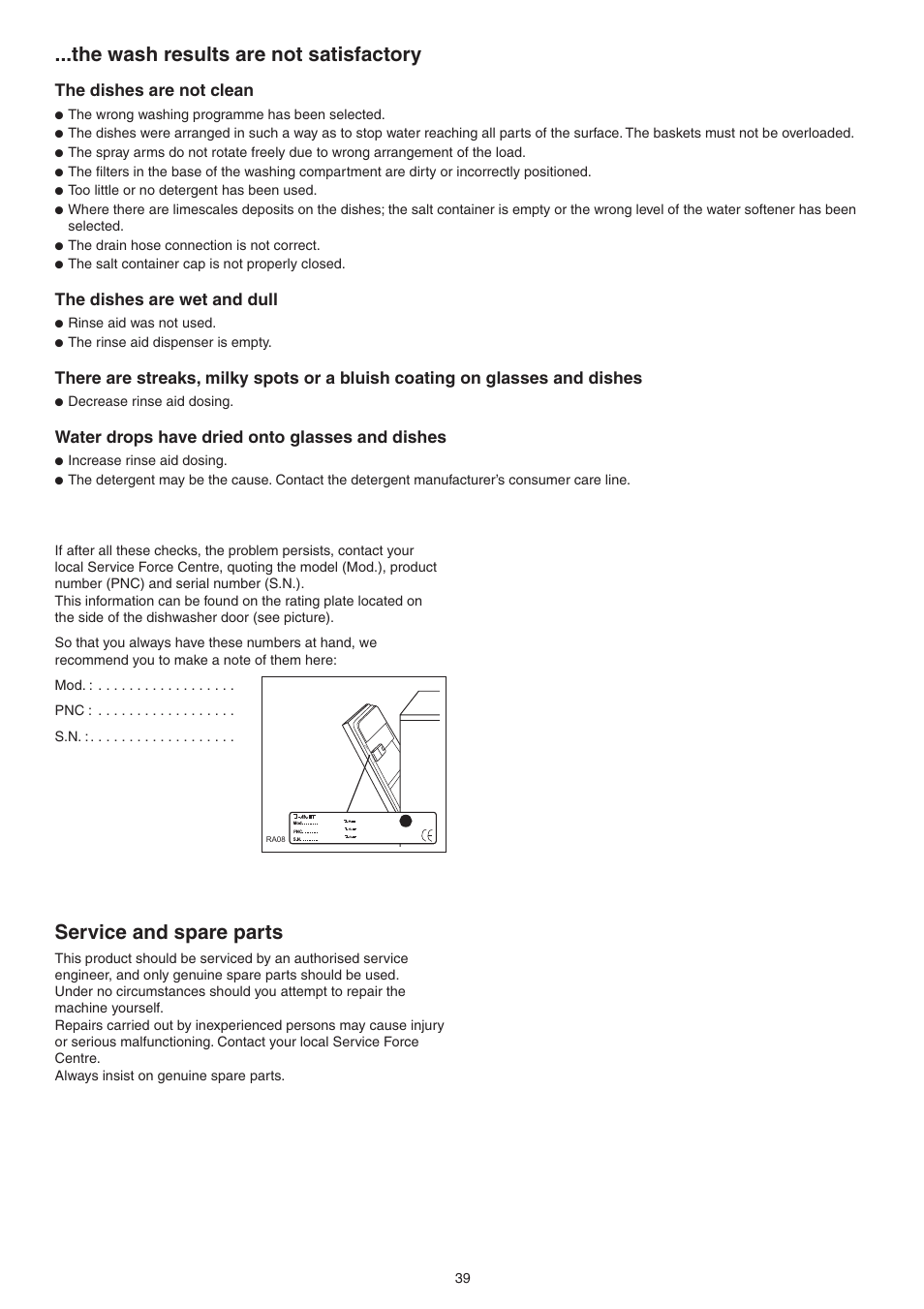 The wash results are not satisfactory, Service and spare parts | DE DIETRICH DVY430 User Manual | Page 39 / 60