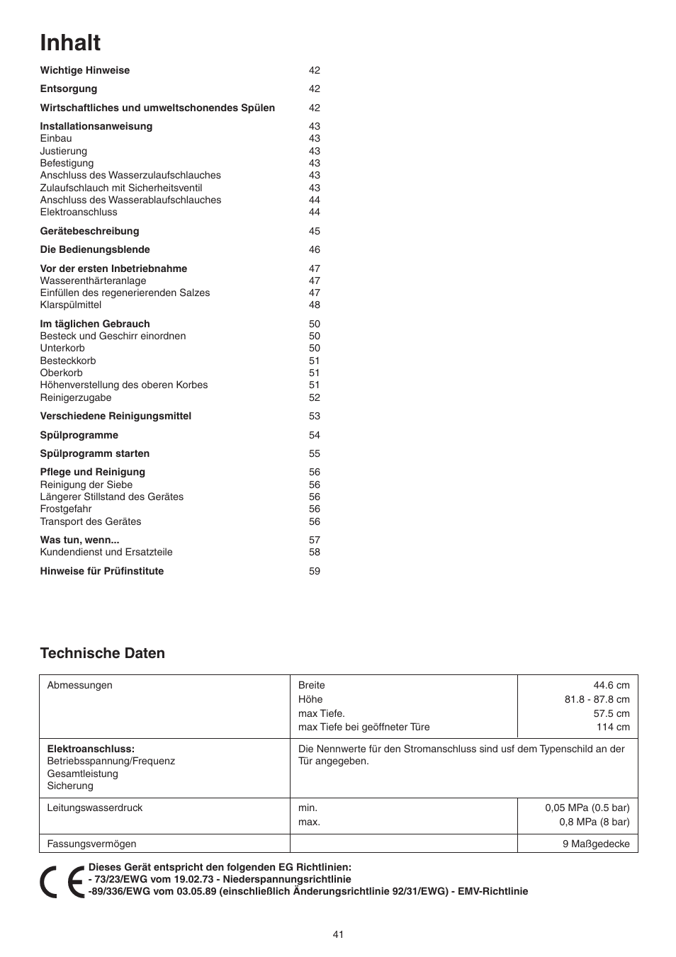 Inhalt, Technische daten | DE DIETRICH DVY430 User Manual | Page 41 / 60