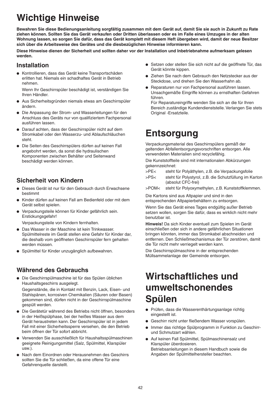 Entsorgung, Wirtschaftliches und umweltschonendes spülen, Wichtige hinweise | Installation, Sicherheit von kindern, Während des gebrauchs | DE DIETRICH DVY430 User Manual | Page 42 / 60