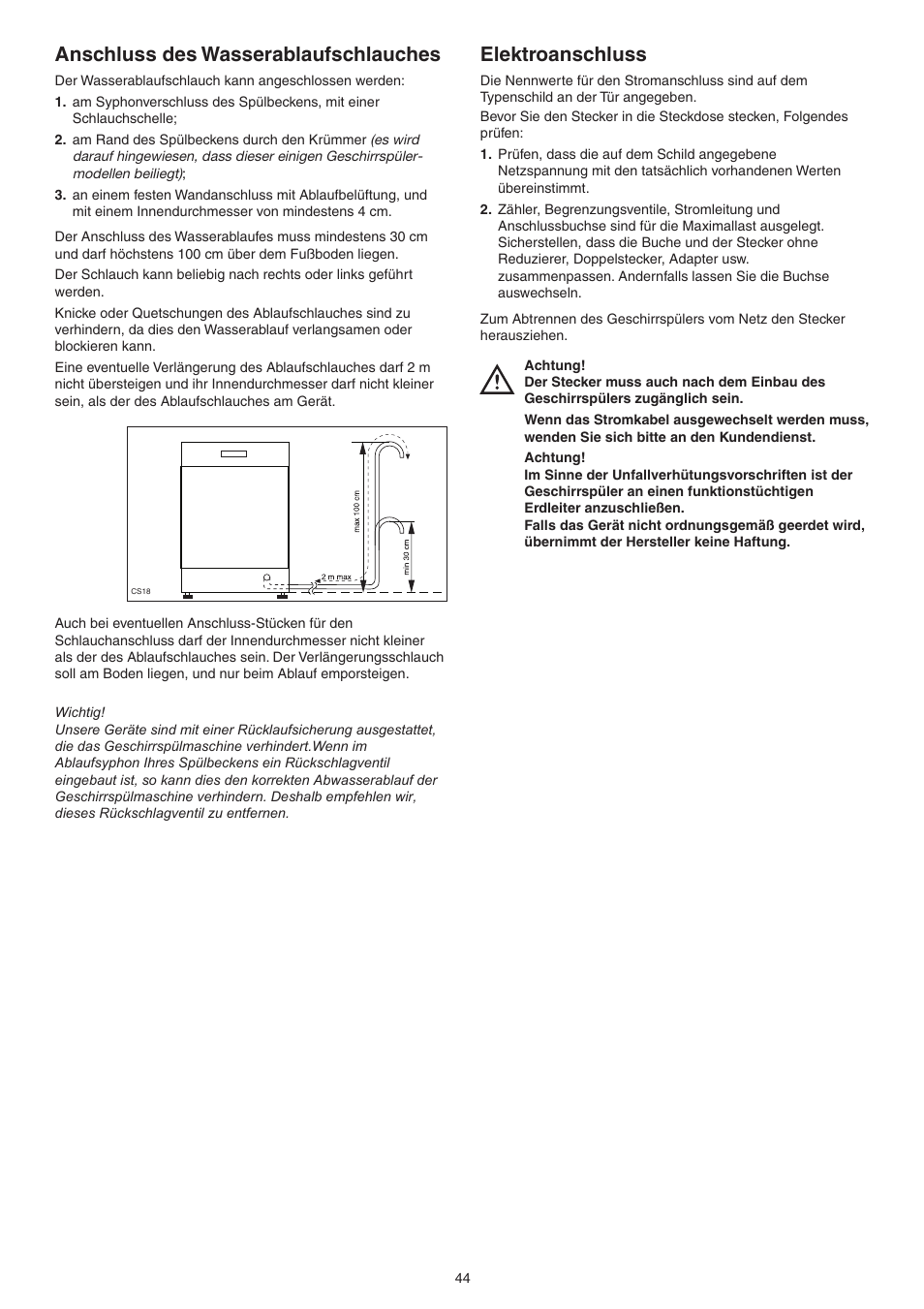 Anschluss des wasserablaufschlauches, Elektroanschluss | DE DIETRICH DVY430 User Manual | Page 44 / 60