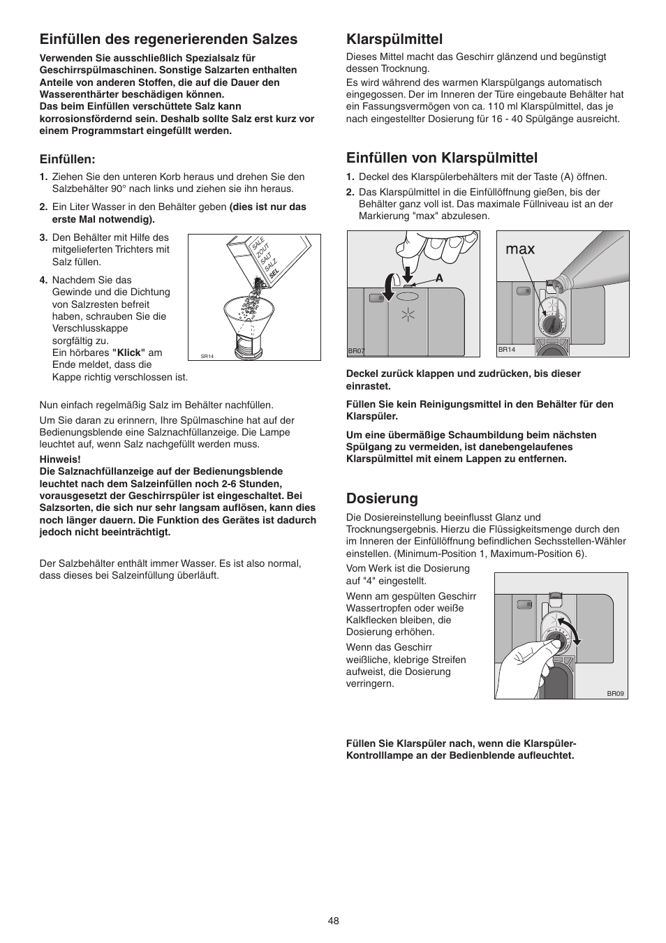 Einfüllen des regenerierenden salzes, Klarspülmittel, Einfüllen von klarspülmittel | Dosierung, Einfüllen | DE DIETRICH DVY430 User Manual | Page 48 / 60