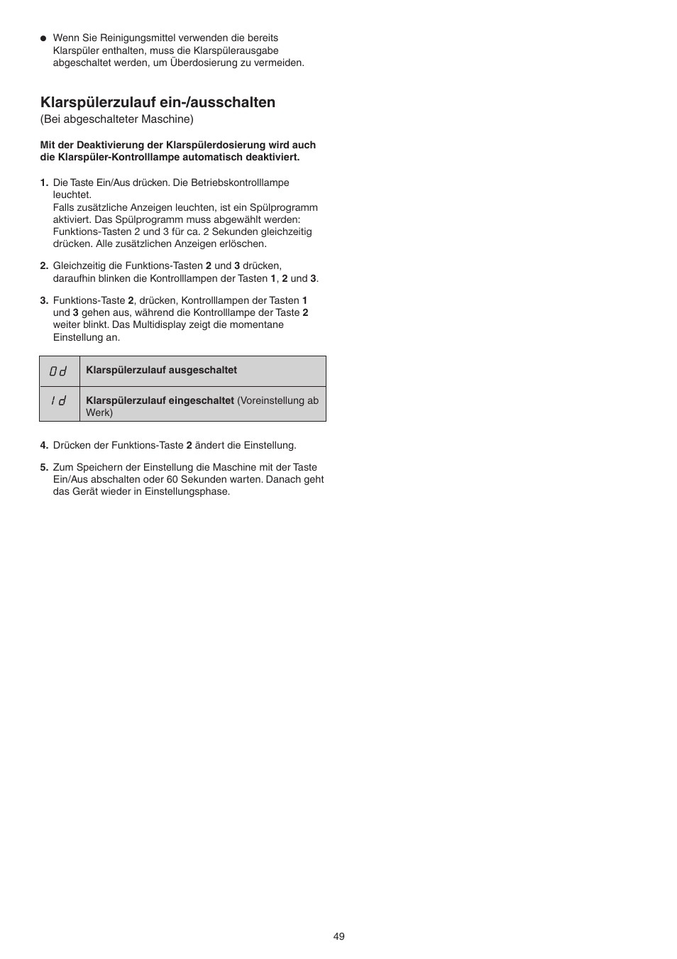 Klarspülerzulauf ein-/ausschalten | DE DIETRICH DVY430 User Manual | Page 49 / 60