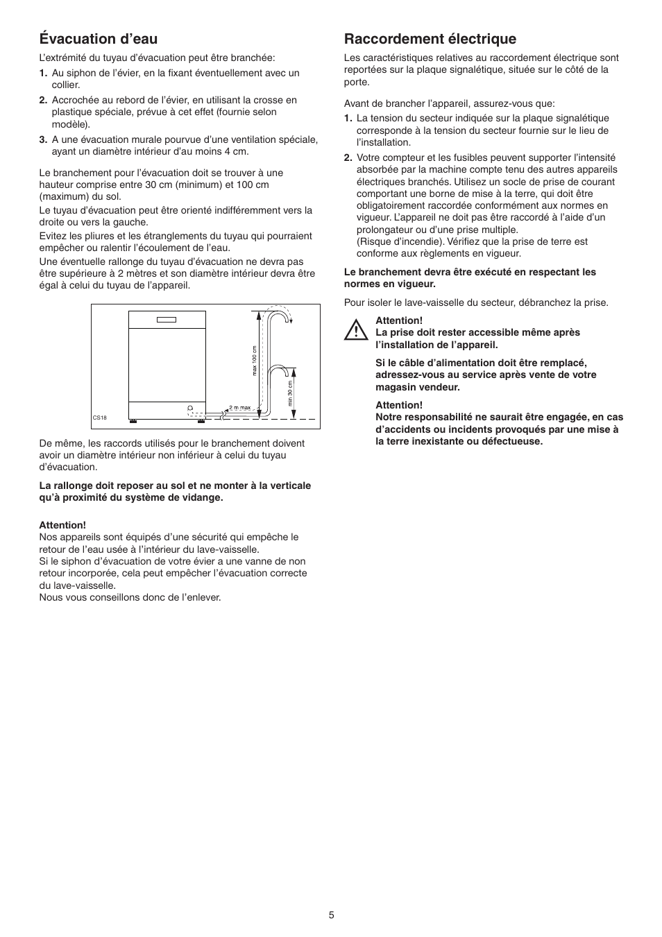 Évacuation d’eau, Raccordement électrique | DE DIETRICH DVY430 User Manual | Page 5 / 60