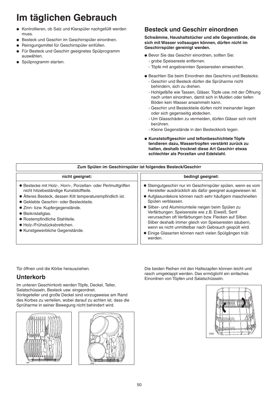 Im täglichen gebrauch, Besteck und geschirr einordnen, Unterkorb | DE DIETRICH DVY430 User Manual | Page 50 / 60