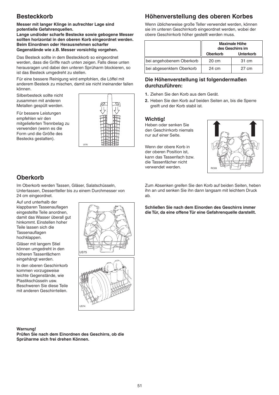 Besteckkorb, Oberkorb, Höhenverstellung des oberen korbes | DE DIETRICH DVY430 User Manual | Page 51 / 60