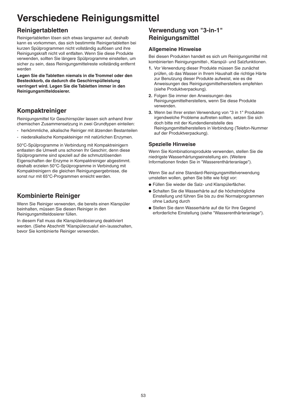 Verschiedene reinigungsmittel, Reinigertabletten, Kompaktreiniger | Kombinierte reiniger, Verwendung von "3-in-1" reinigungsmittel | DE DIETRICH DVY430 User Manual | Page 53 / 60