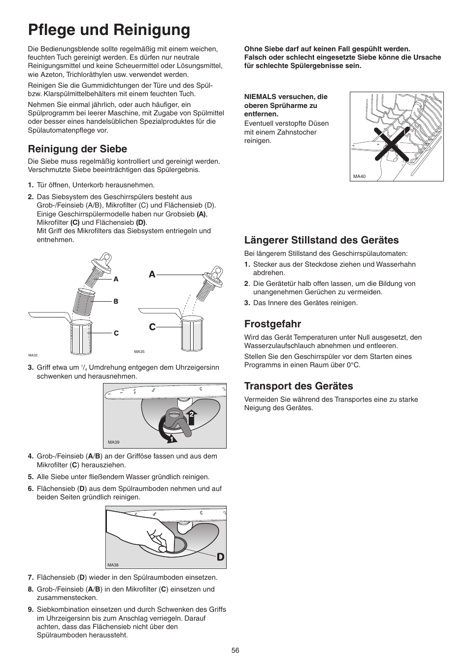 Pflege und reinigung, Reinigung der siebe, Längerer stillstand des gerätes | Frostgefahr, Transport des gerätes | DE DIETRICH DVY430 User Manual | Page 56 / 60