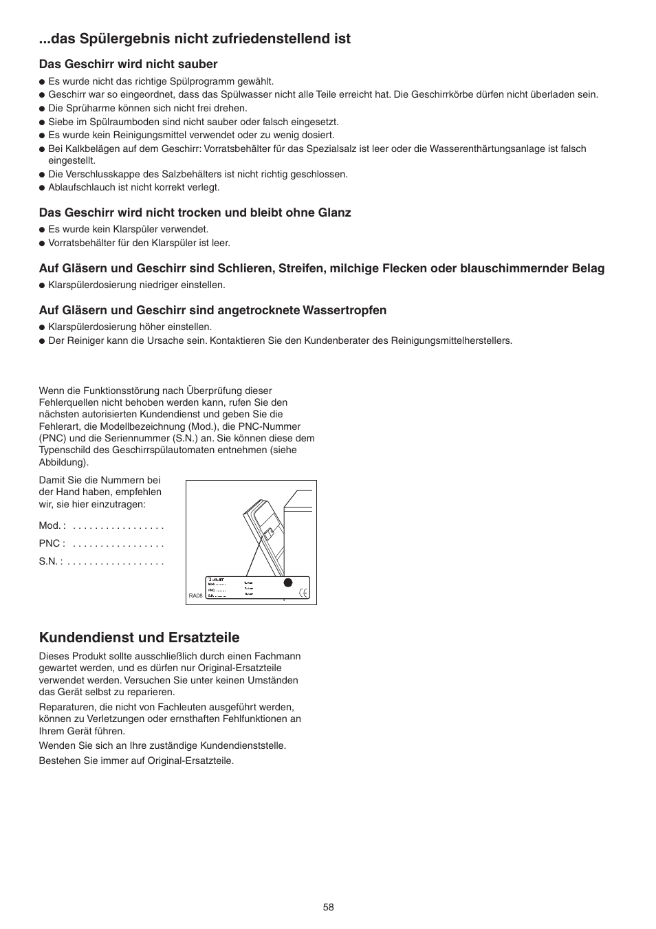 Das spülergebnis nicht zufriedenstellend ist, Kundendienst und ersatzteile | DE DIETRICH DVY430 User Manual | Page 58 / 60