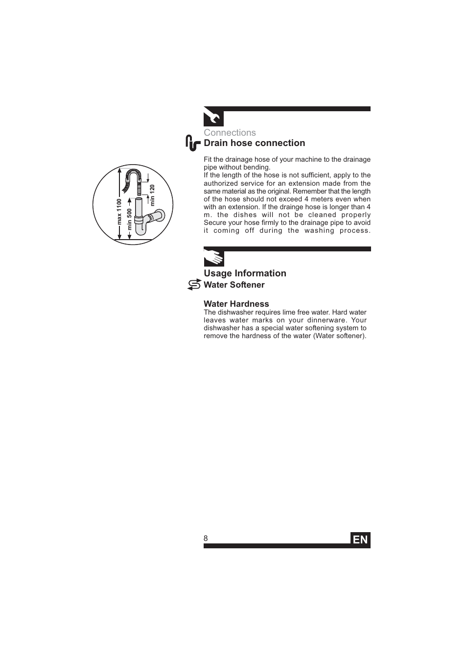 Connections drain hose connection, Usage information | DE DIETRICH DVY640 User Manual | Page 10 / 19