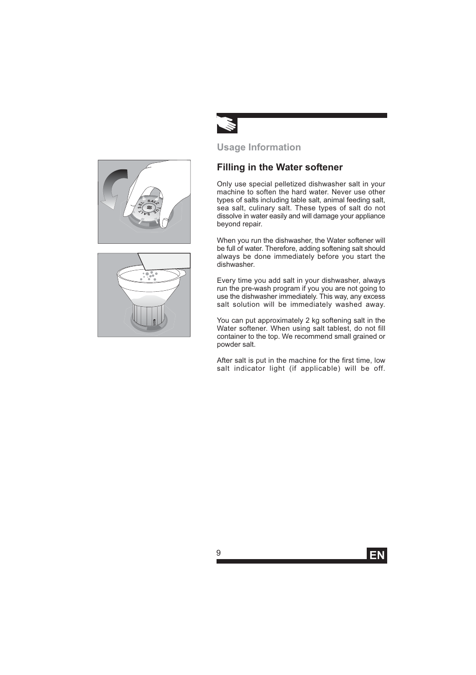 Usage information filling in the water softener | DE DIETRICH DVY640 User Manual | Page 11 / 19