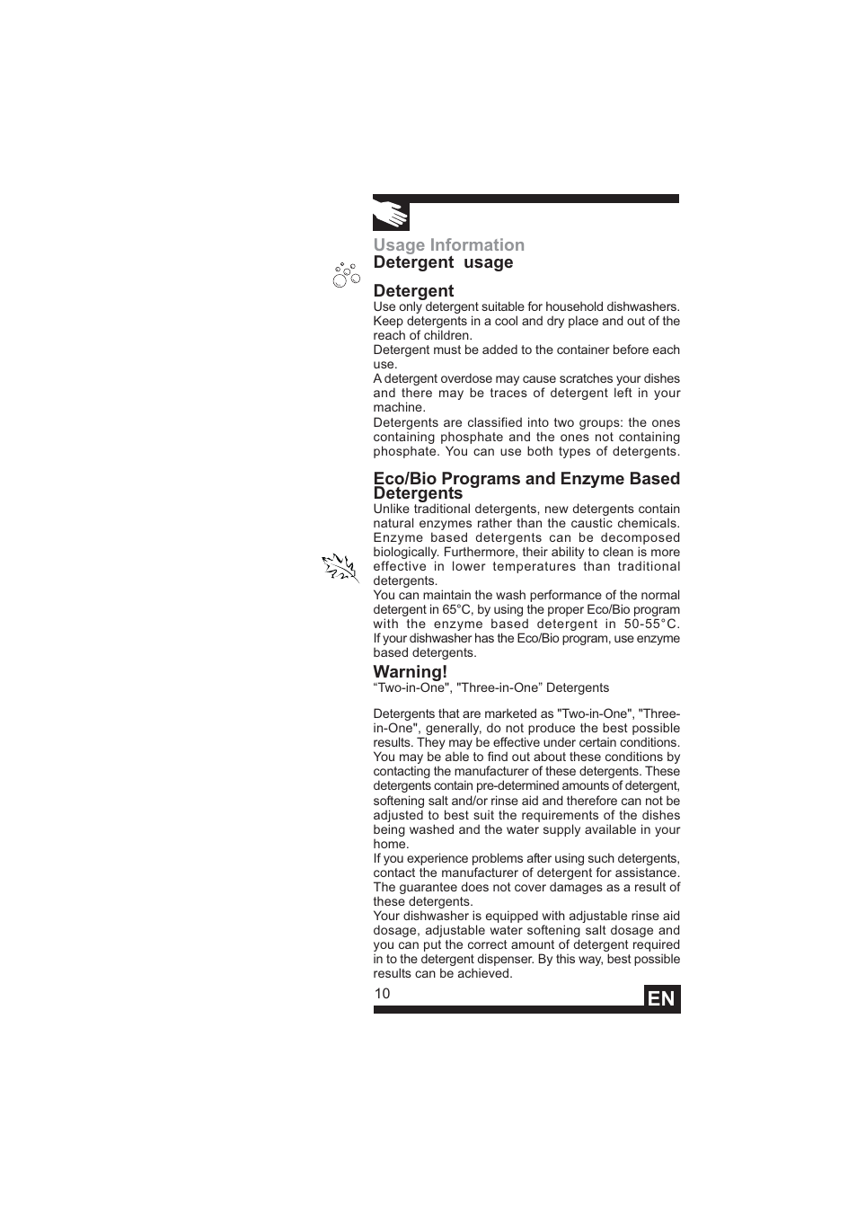 Usage information detergent usage detergent, Eco/bio programs and enzyme based detergents, Warning | DE DIETRICH DVY640 User Manual | Page 12 / 19