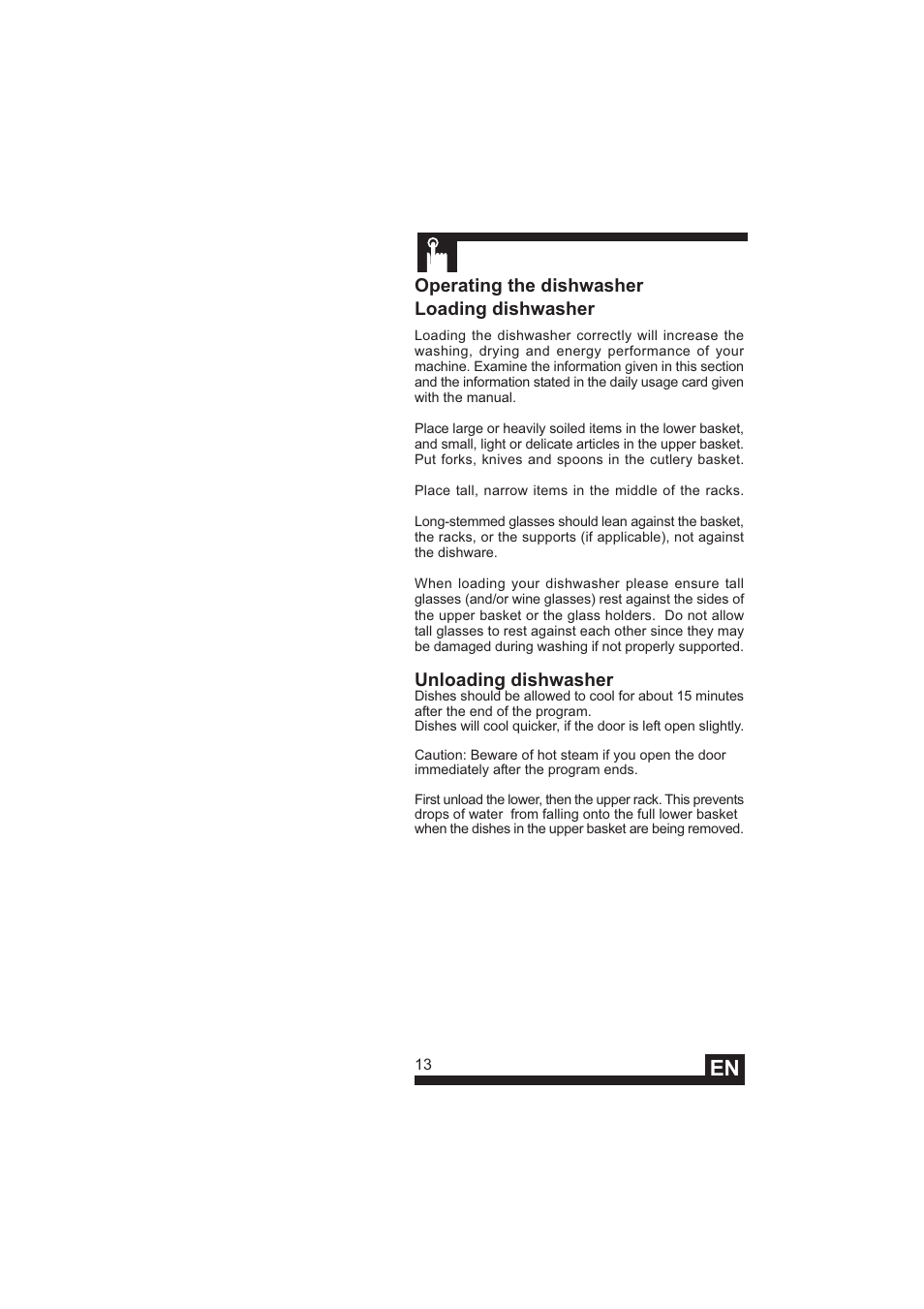 Operating the dishwasher loading dishwasher, Unloading dishwasher | DE DIETRICH DVY640 User Manual | Page 15 / 19