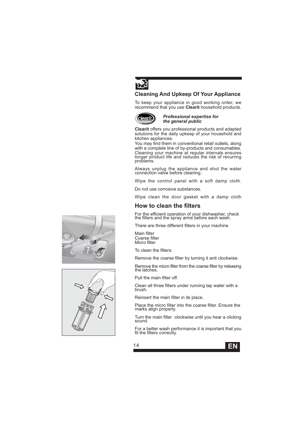 How to clean the filters | DE DIETRICH DVY640 User Manual | Page 16 / 19