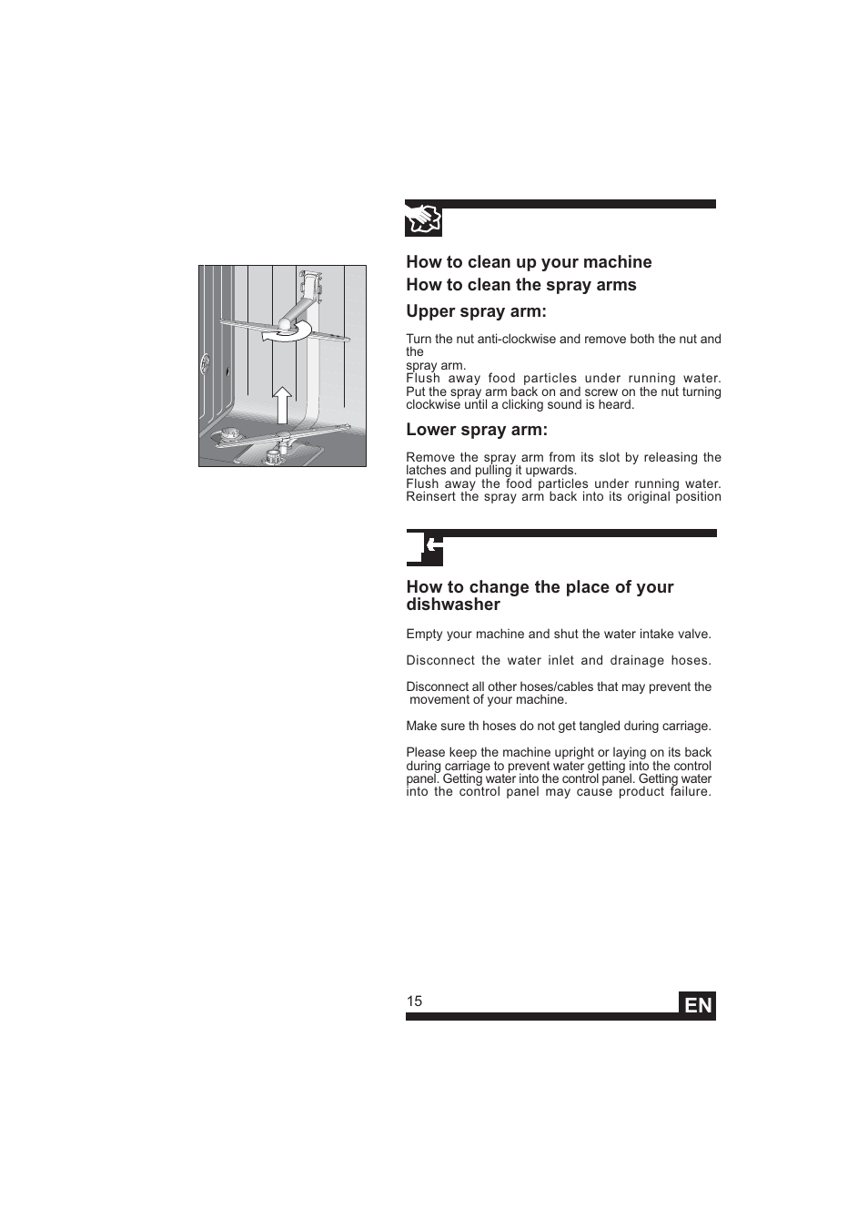 Lower spray arm, How to change the place of your dishwasher | DE DIETRICH DVY640 User Manual | Page 17 / 19