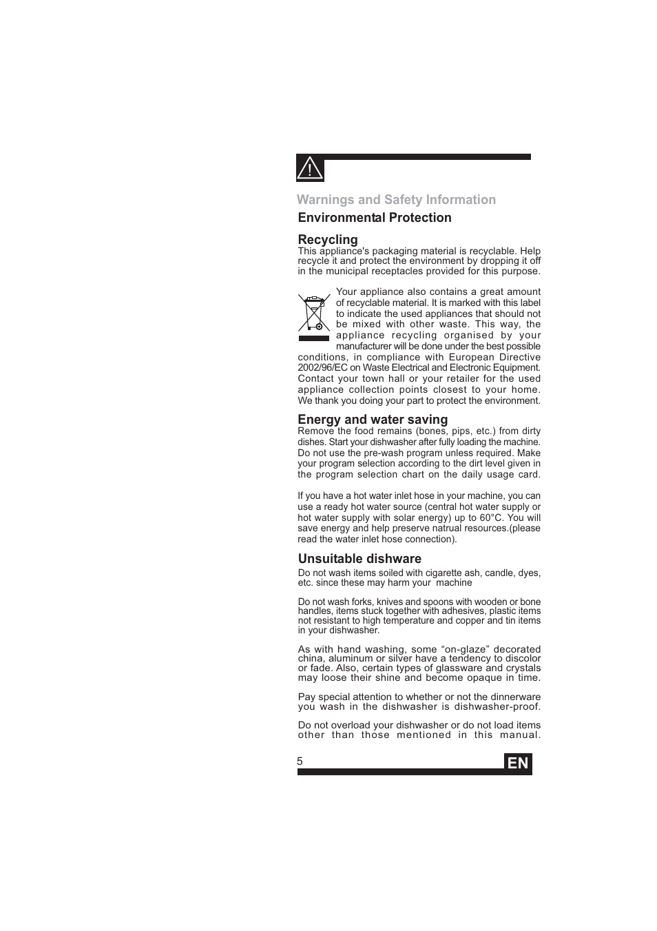 Unsuitable dishware, Environmental protection recycling | DE DIETRICH DVY640 User Manual | Page 7 / 19