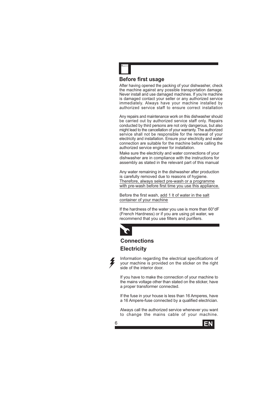 Before first usage, Connections electricity | DE DIETRICH DVY640 User Manual | Page 8 / 19