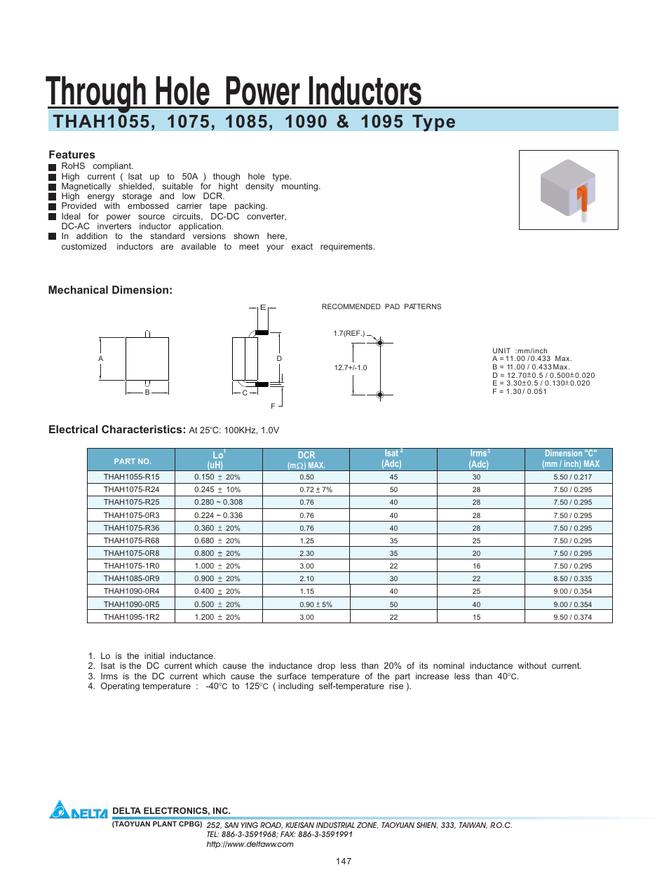 Delta Electronics Through Hole Power Inductors THAH1075 User Manual | 1 page