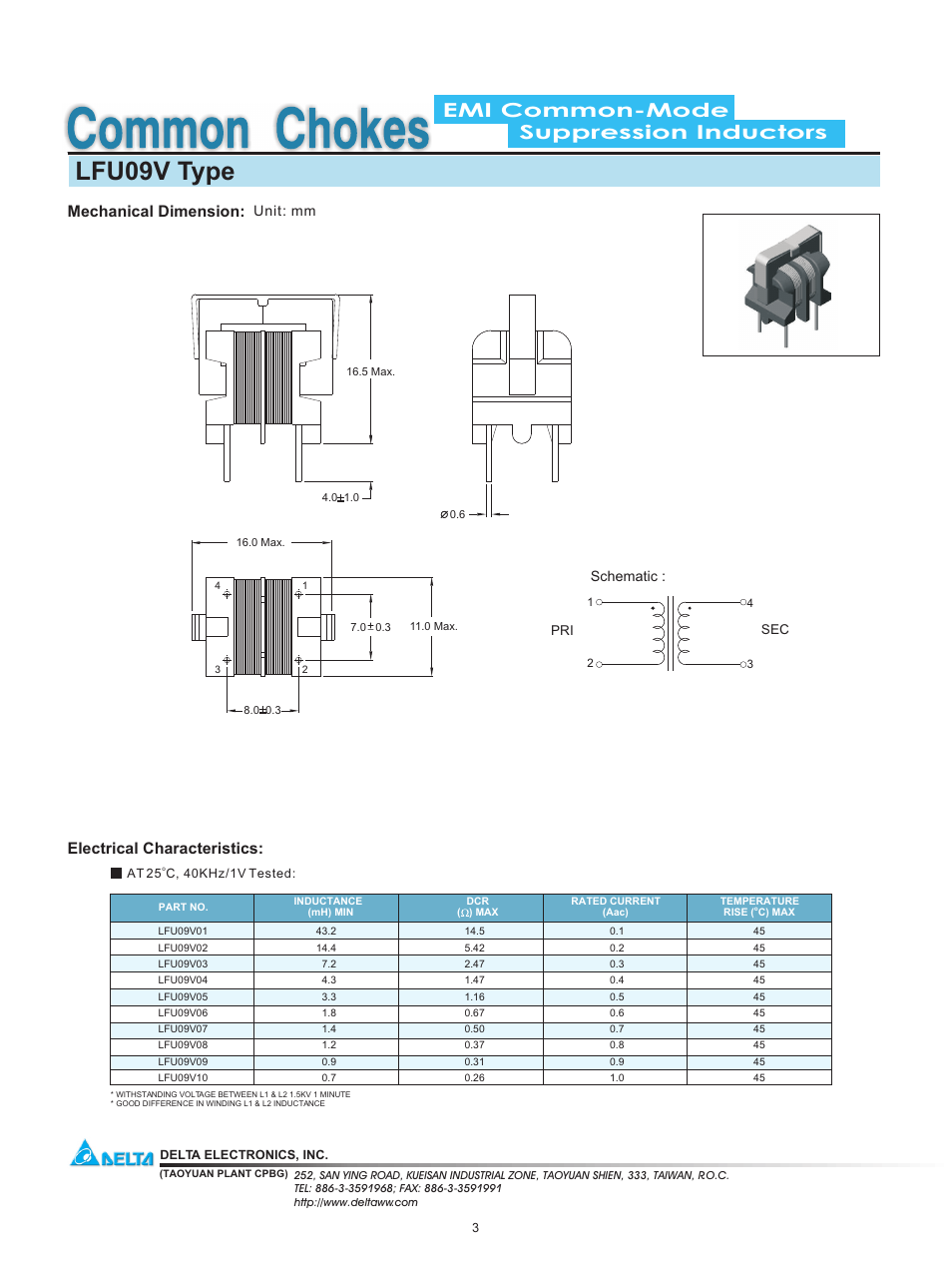 Delta Electronics Suppression Inductors LFU09V User Manual | 1 page