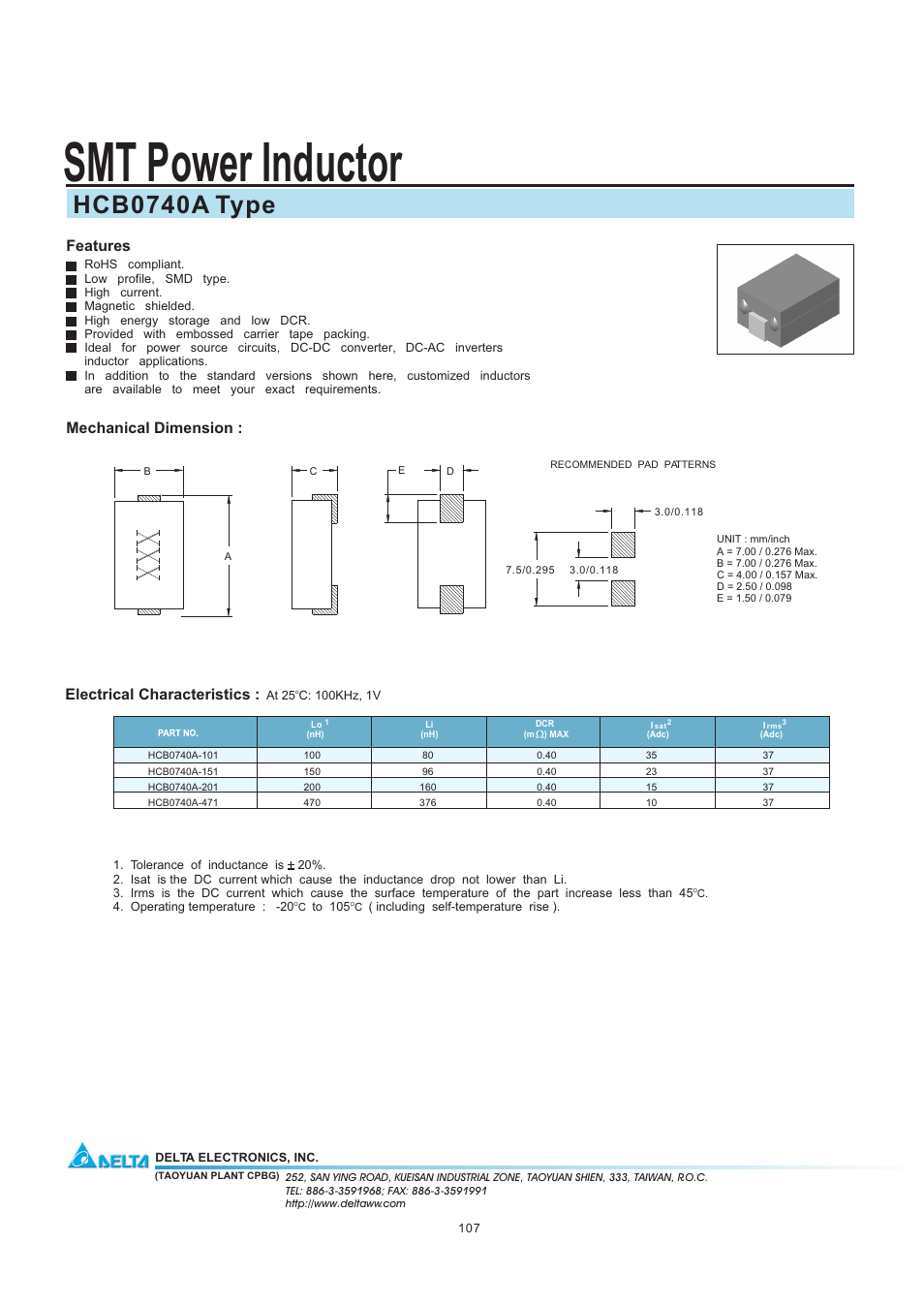 Delta Electronics SMT Power Inductor HCB0740A User Manual | 1 page
