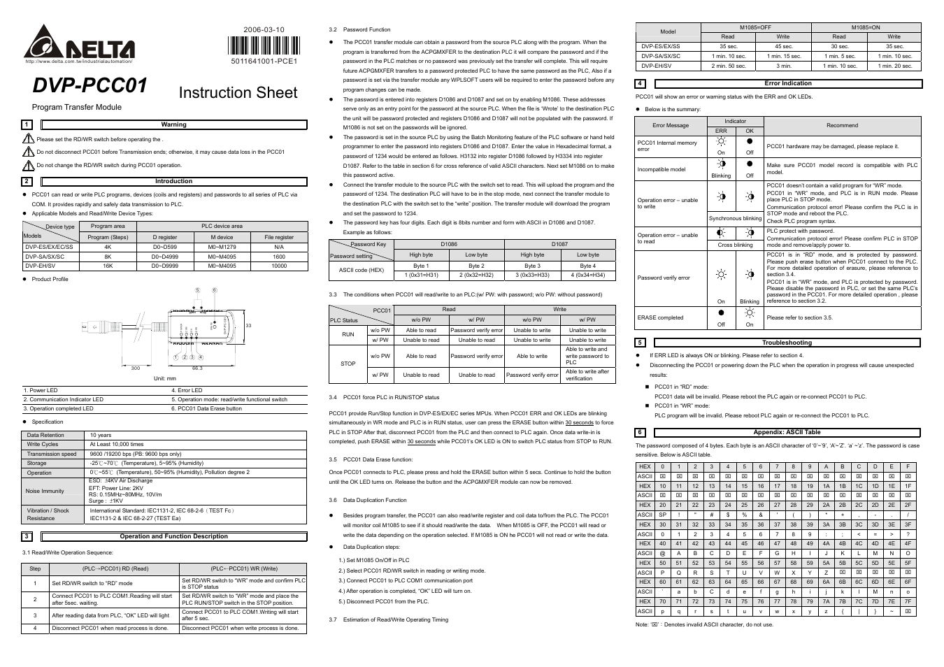 Delta Electronics Program Transfer Module DVP-PCC01 User Manual | 1 page
