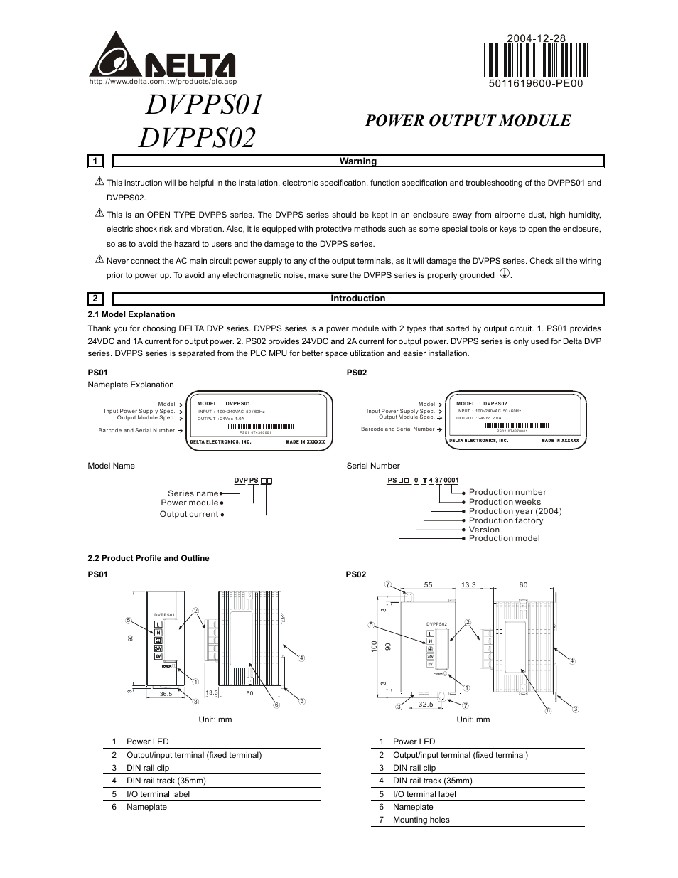 Delta Electronics Power Output Module DVPPS01 User Manual | 2 pages