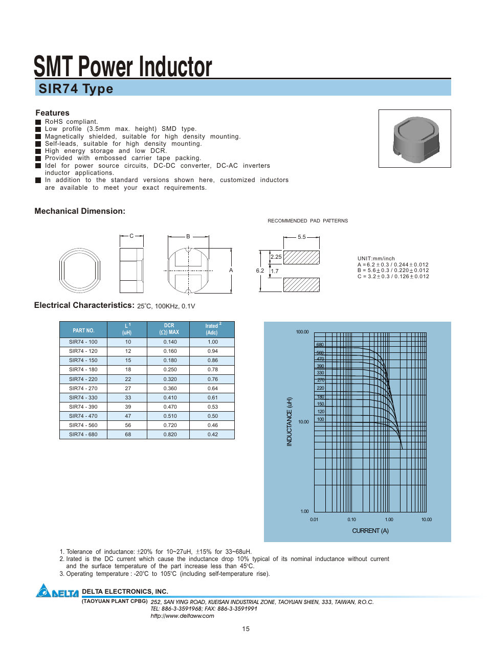 Delta Electronics SMT Power Inductor SIR74 User Manual | 1 page