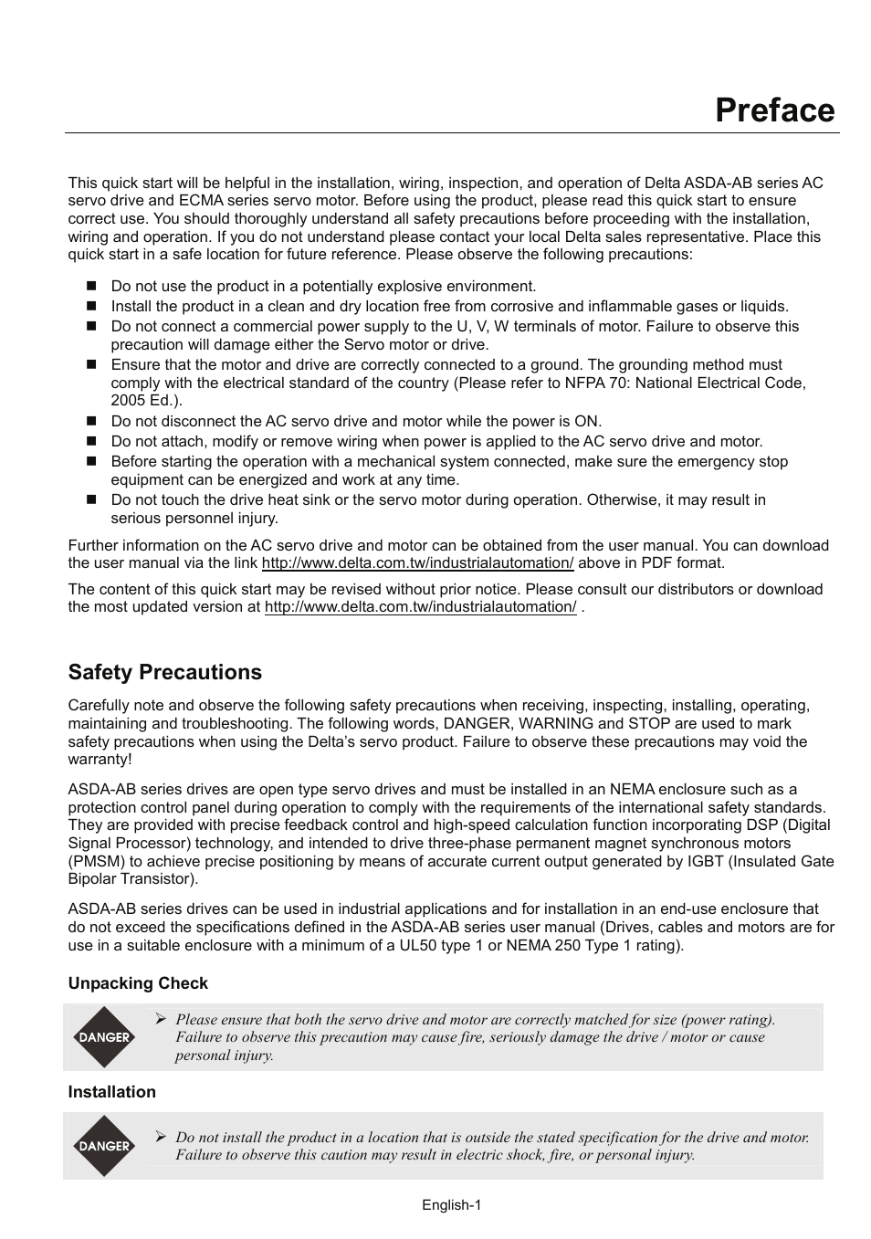 Abq5-eng.pdf, Preface, Safety precautions | Delta Electronics AC Servo Drive ASDA-AB User Manual | Page 2 / 37