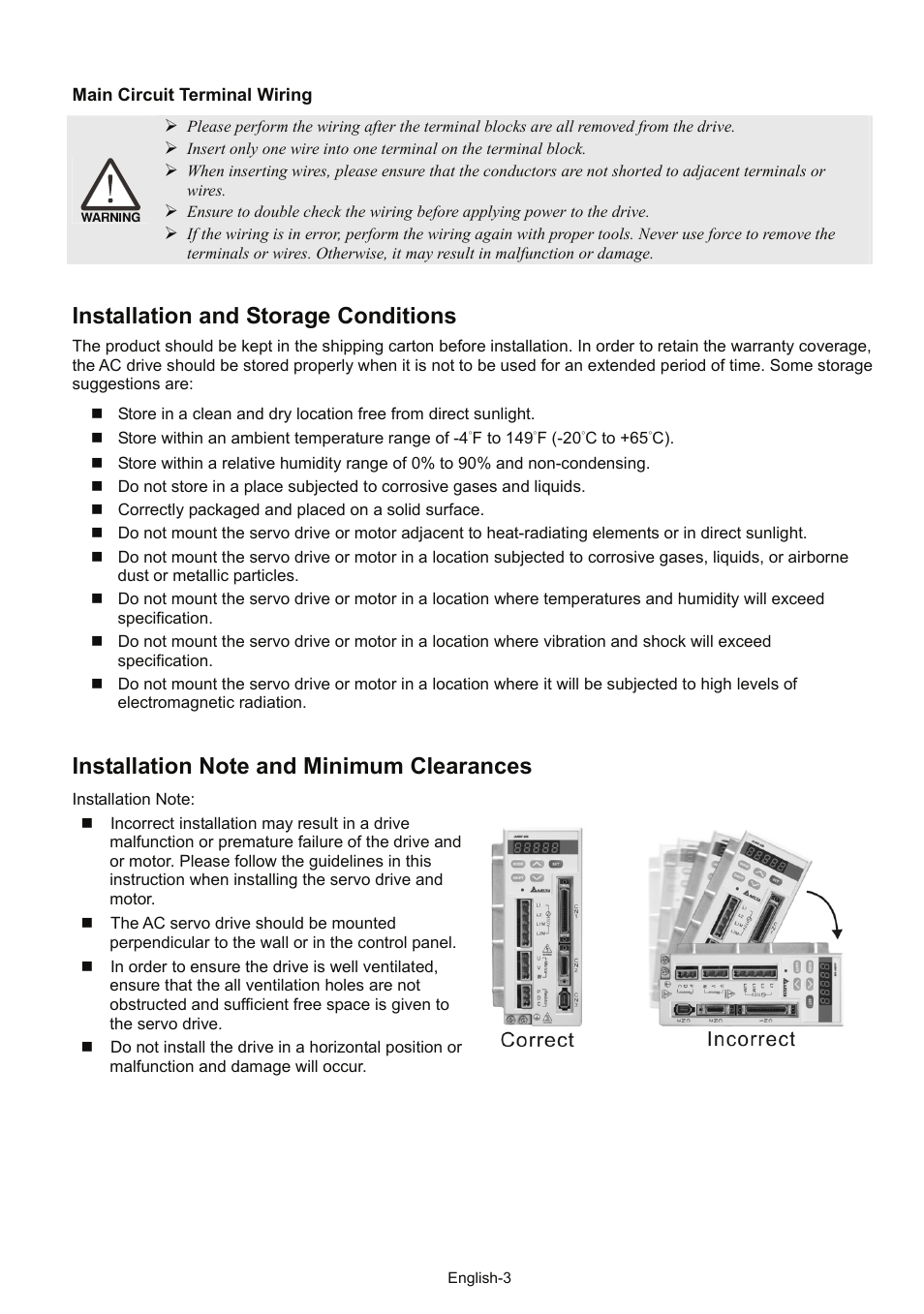 Installation and storage conditions | Delta Electronics AC Servo Drive ASDA-AB User Manual | Page 4 / 37
