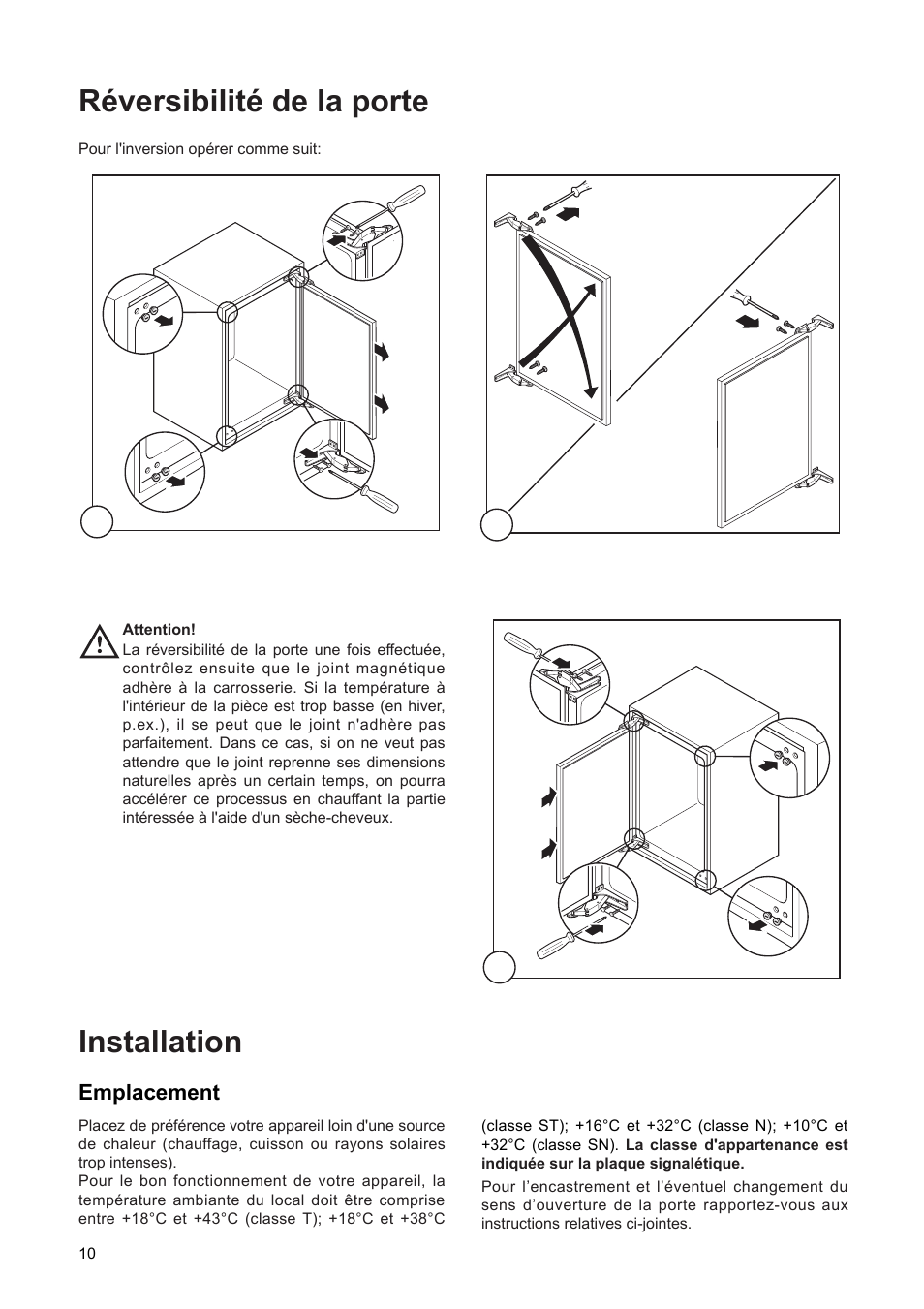 Installation, Ržversibilitž de la porte | DE DIETRICH DFF310JE1 User Manual | Page 10 / 76