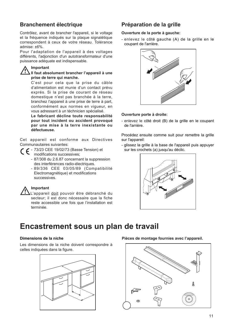 Encastrement sous un plan de travail, Branchement žlectrique, Pržparation de la grille | DE DIETRICH DFF310JE1 User Manual | Page 11 / 76