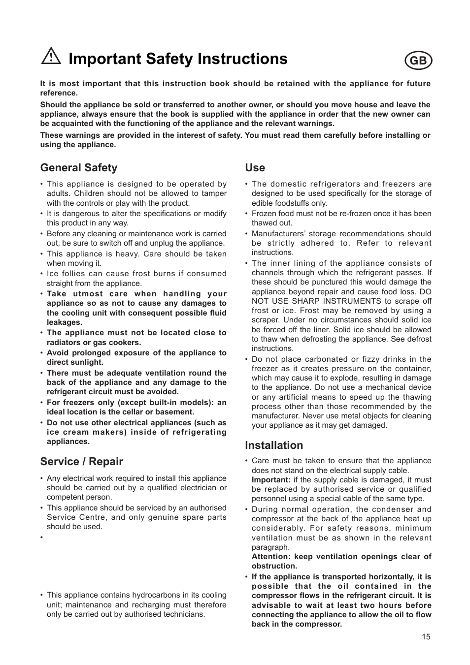 Important safety instructions, General safety, Service / repair | Installation | DE DIETRICH DFF310JE1 User Manual | Page 15 / 76