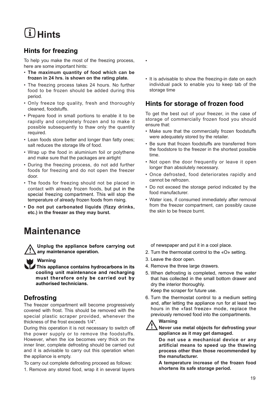 Hints, Maintenance, Hints for storage of frozen food | Hints for freezing, Defrosting | DE DIETRICH DFF310JE1 User Manual | Page 19 / 76