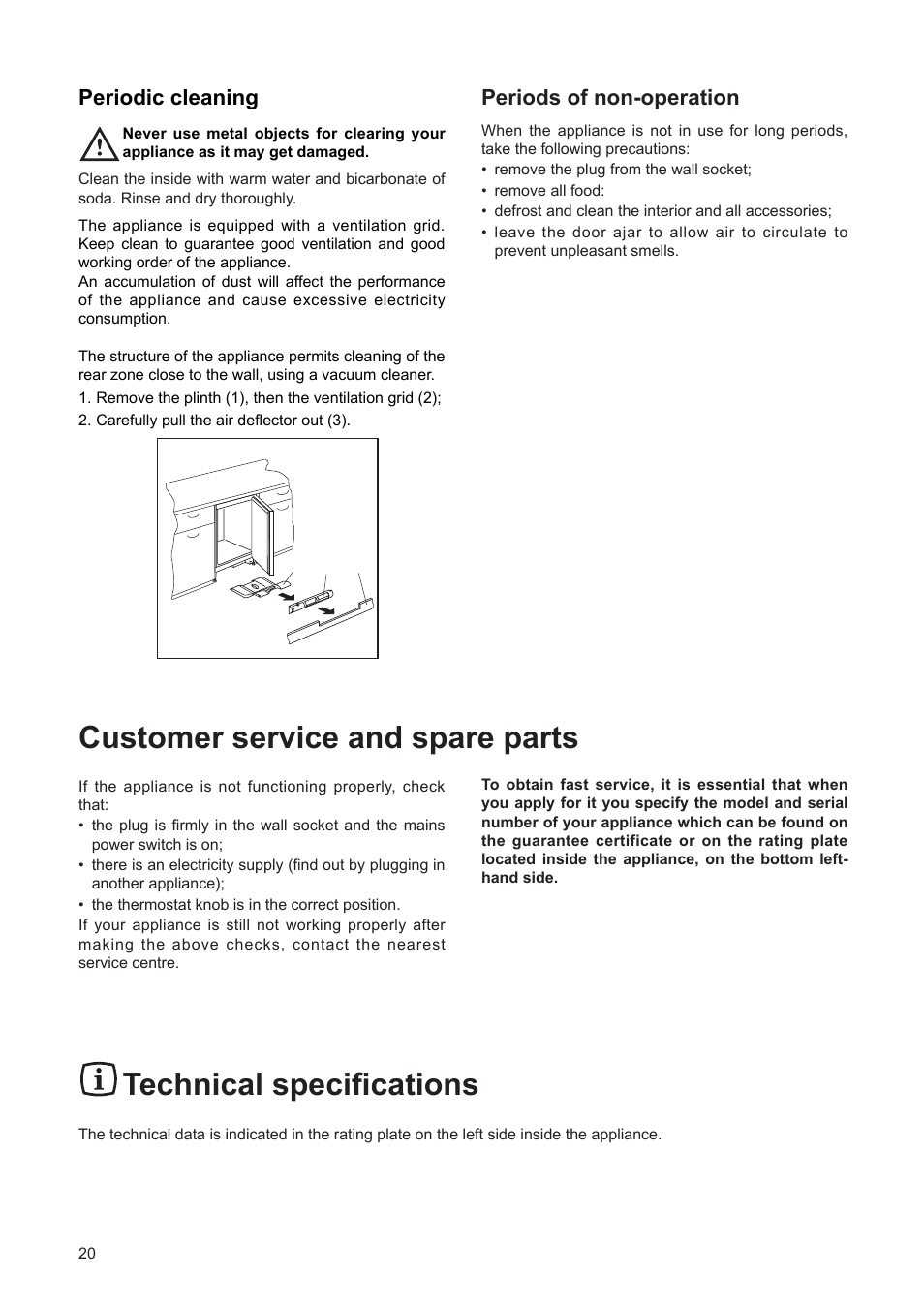 Technical specifications, Customer service and spare parts, Periods of non-operation | Periodic cleaning | DE DIETRICH DFF310JE1 User Manual | Page 20 / 76