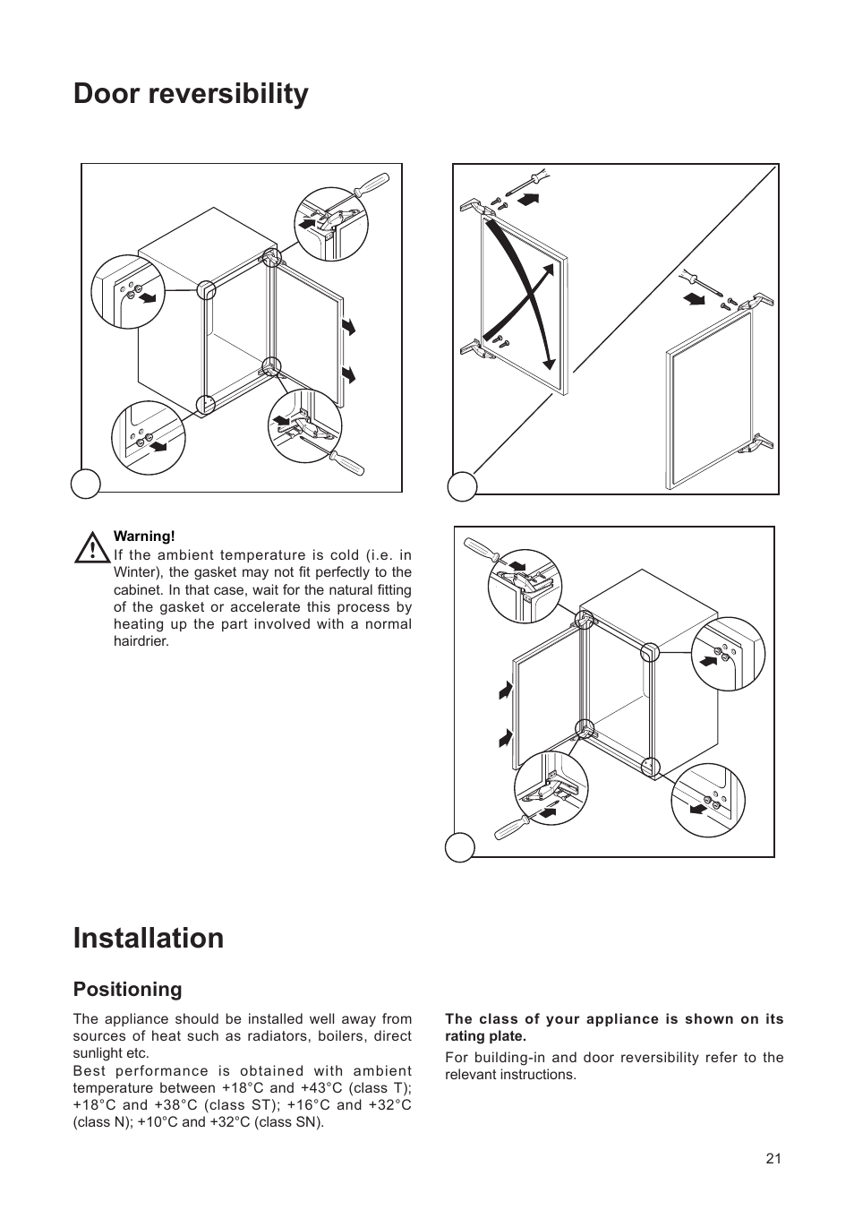 Door reversibility, Installation | DE DIETRICH DFF310JE1 User Manual | Page 21 / 76