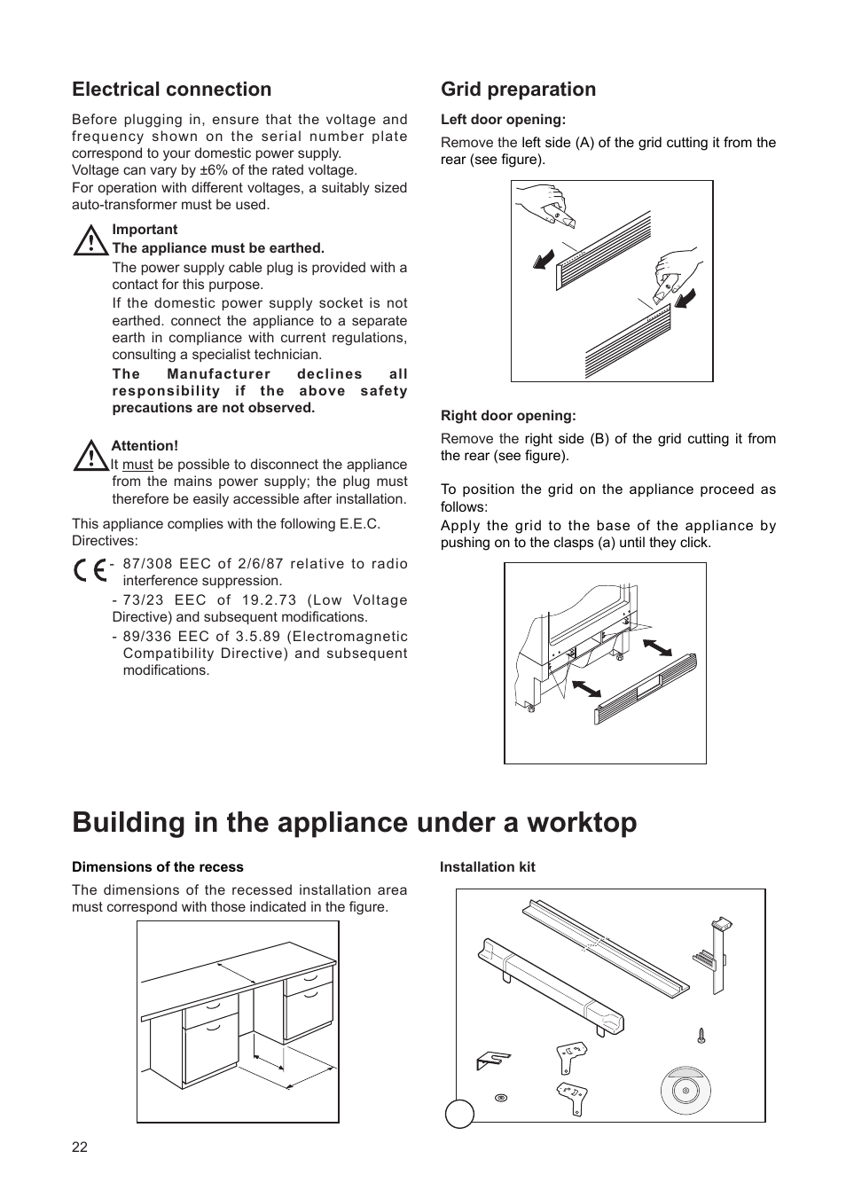 Building in the appliance under a worktop, Electrical connection, Grid preparation | DE DIETRICH DFF310JE1 User Manual | Page 22 / 76