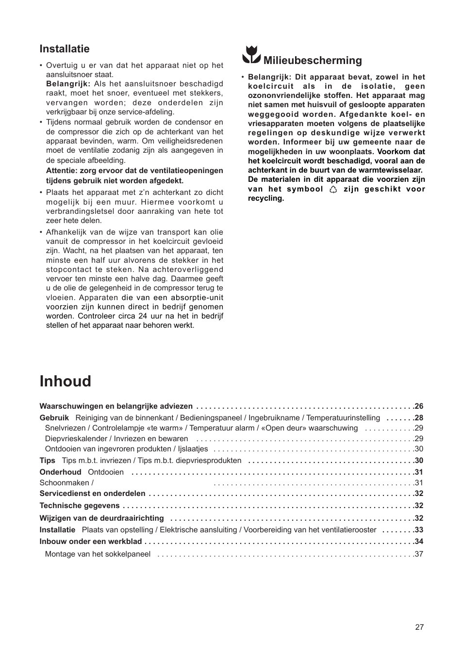 Inhoud, Milieubescherming, Installatie | DE DIETRICH DFF310JE1 User Manual | Page 27 / 76