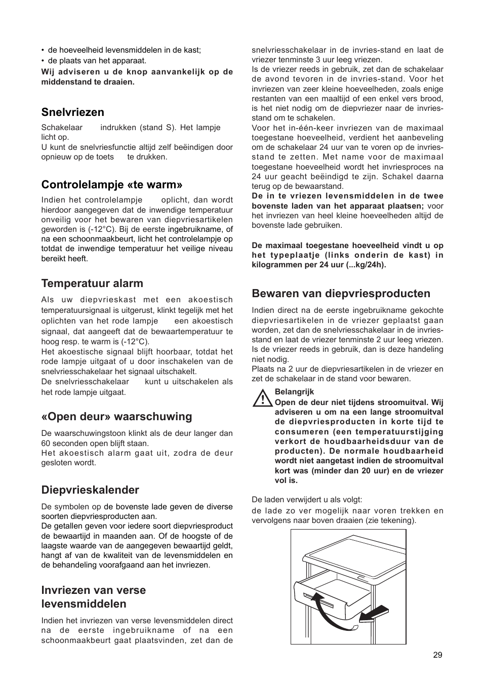 Snelvriezen, Controlelampje çte warmè, Temperatuur alarm | Diepvrieskalender, Çopen deurè waarschuwing, Invriezen van verse levensmiddelen, Bewaren van diepvriesproducten | DE DIETRICH DFF310JE1 User Manual | Page 29 / 76