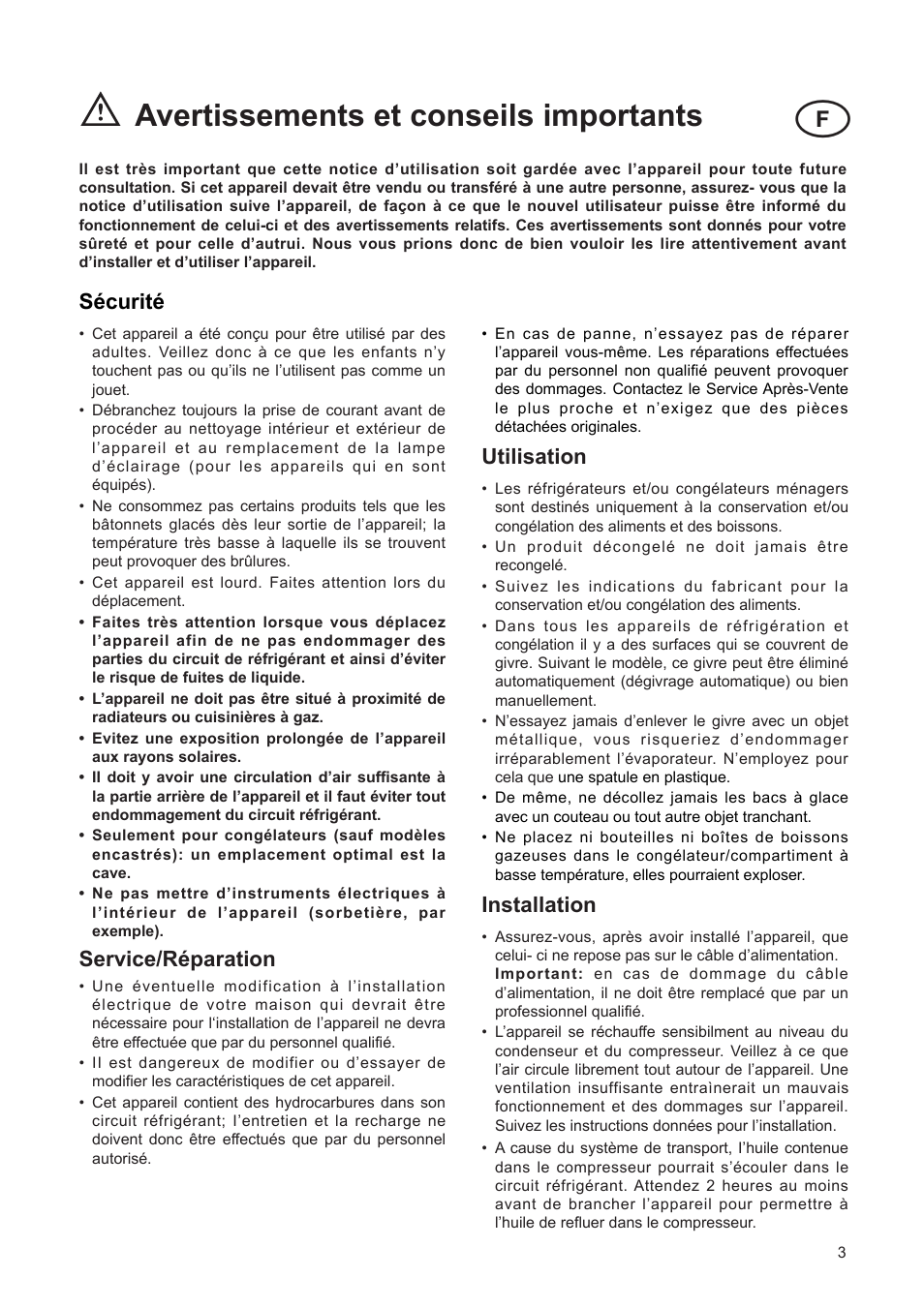 Avertissements et conseils importants, Sžcuritž, Service/ržparation | Utilisation, Installation | DE DIETRICH DFF310JE1 User Manual | Page 3 / 76