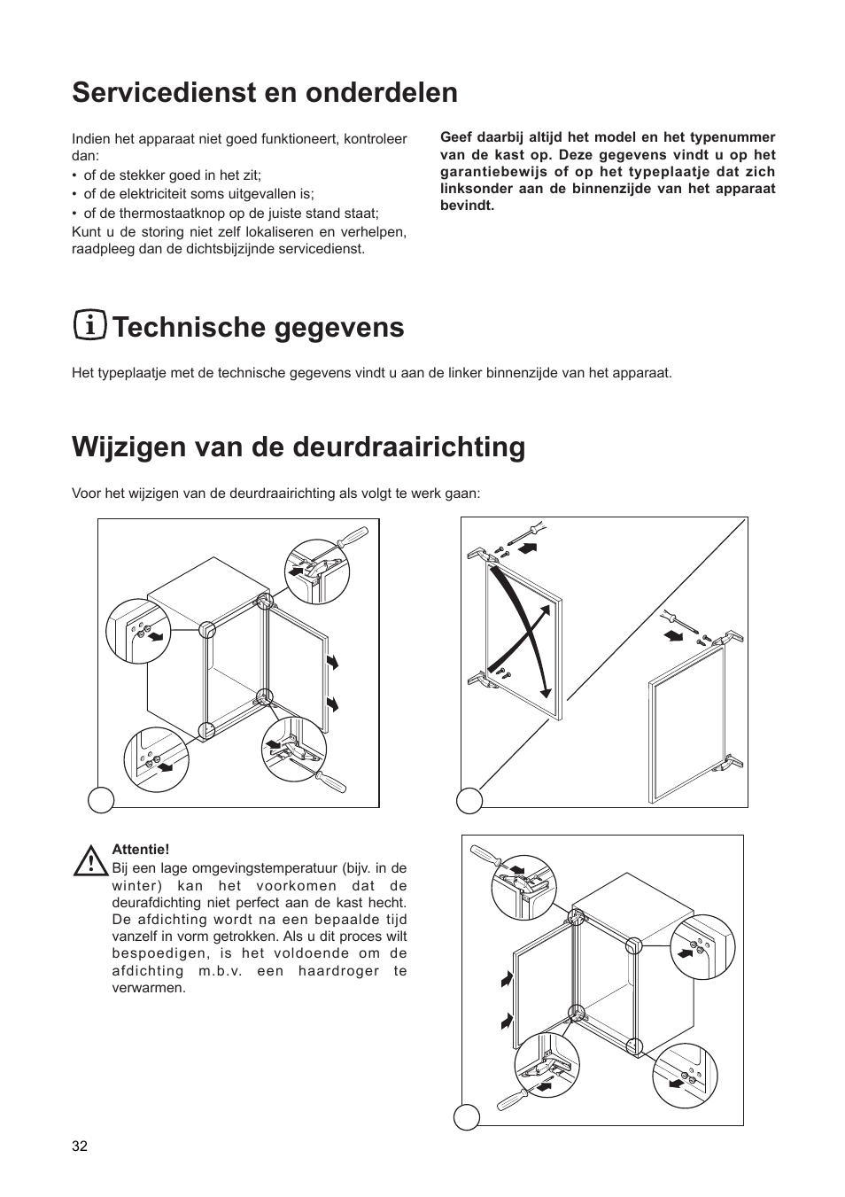 Servicedienst en onderdelen, Technische gegevens, Wijzigen van de deurdraairichting | DE DIETRICH DFF310JE1 User Manual | Page 32 / 76