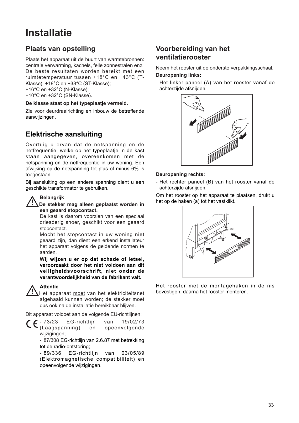 Installatie, Plaats van opstelling, Elektrische aansluiting | Voorbereiding van het ventilatierooster | DE DIETRICH DFF310JE1 User Manual | Page 33 / 76