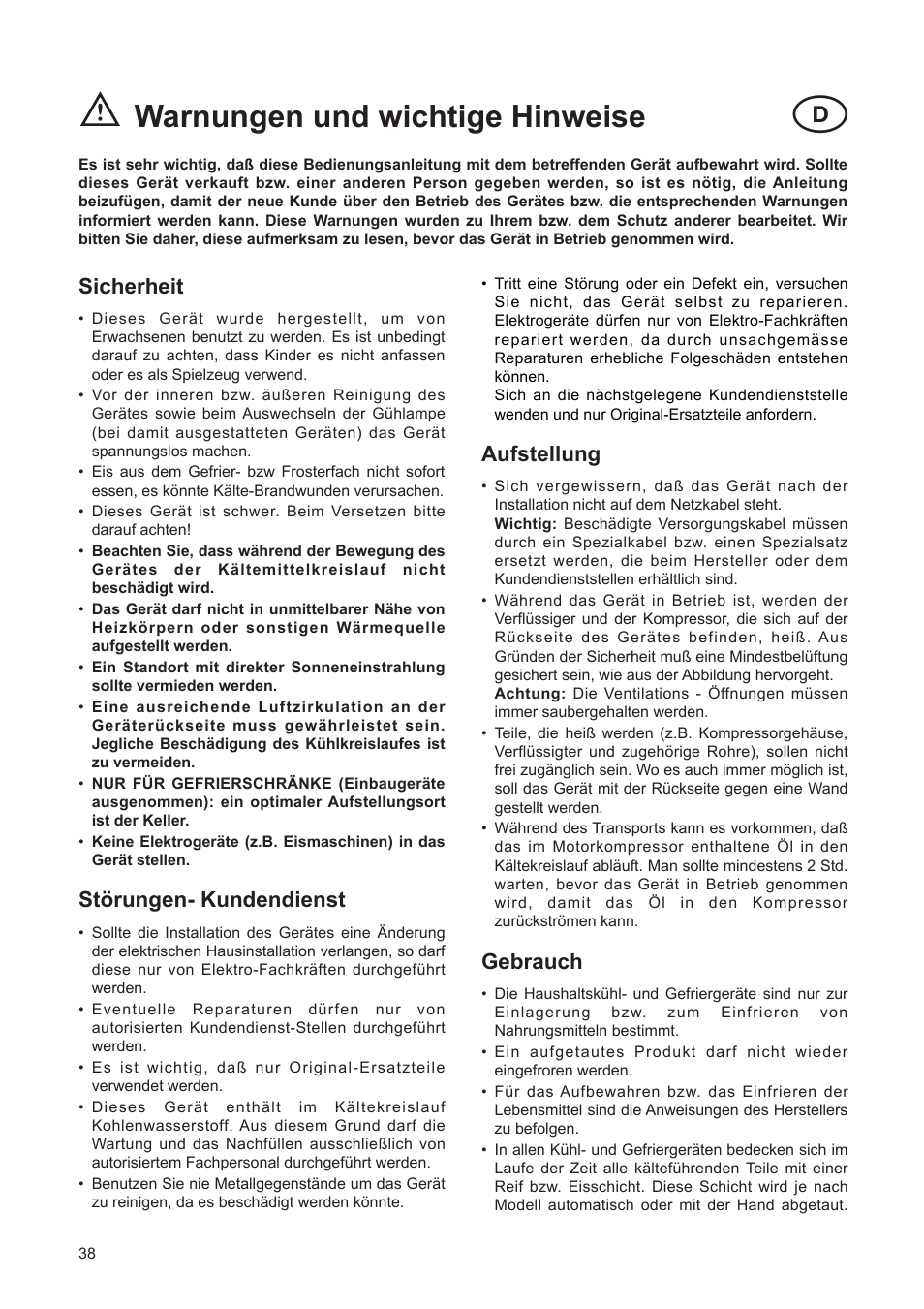 Warnungen und wichtige hinweise, Sicherheit, Stšrungen- kundendienst | Aufstellung, Gebrauch | DE DIETRICH DFF310JE1 User Manual | Page 38 / 76