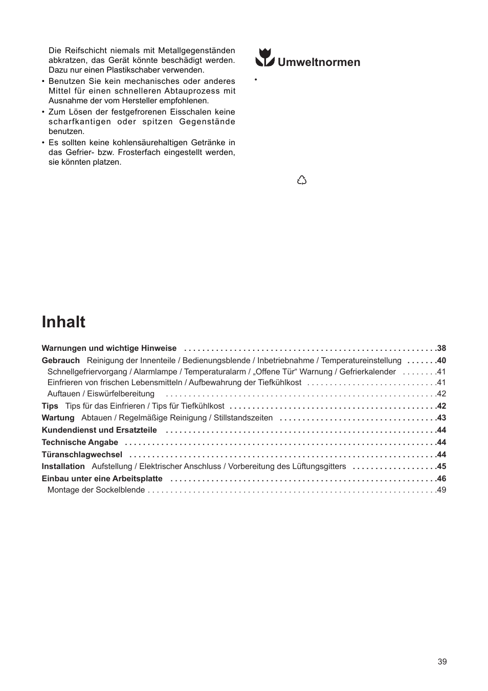 Inhalt, Umweltnormen | DE DIETRICH DFF310JE1 User Manual | Page 39 / 76