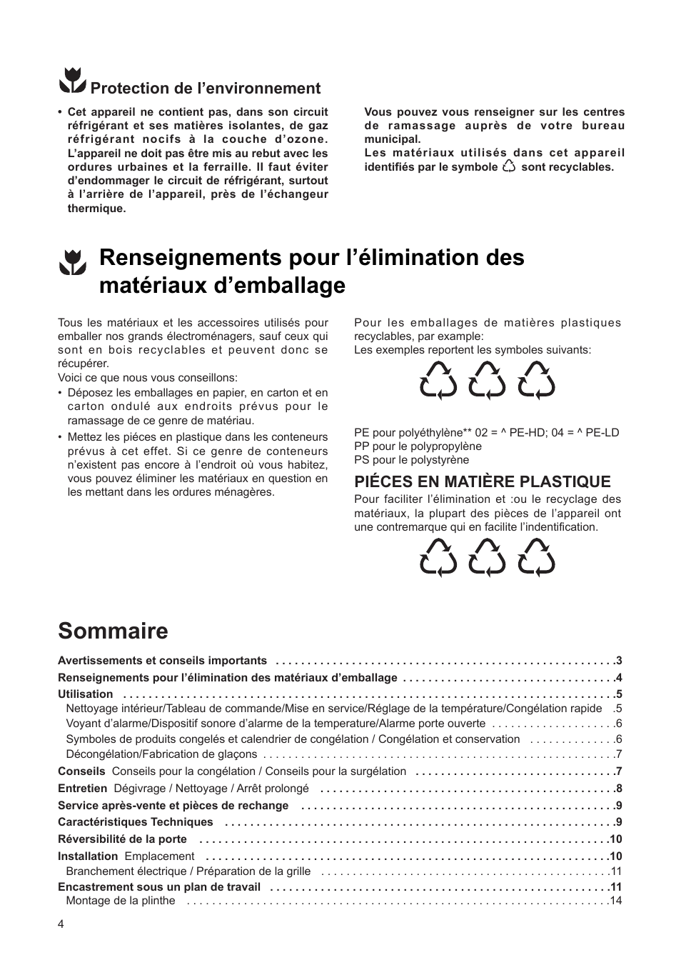 Sommaire, Protection de lõenvironnement, Piƒces en matiére plastique | DE DIETRICH DFF310JE1 User Manual | Page 4 / 76