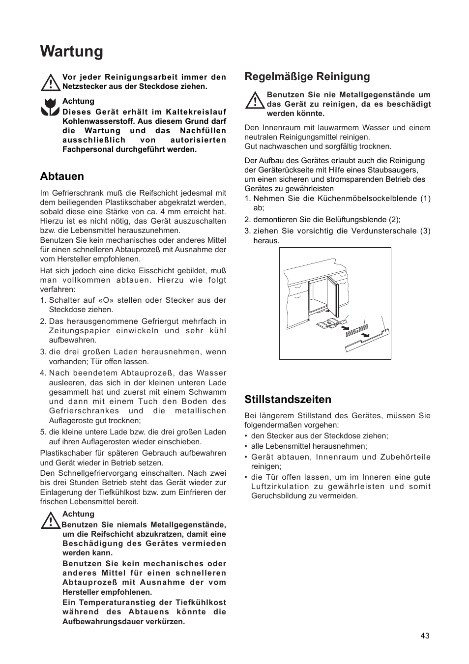 Wartung, Abtauen, Stillstandszeiten | Regelmš§ige reinigung | DE DIETRICH DFF310JE1 User Manual | Page 43 / 76