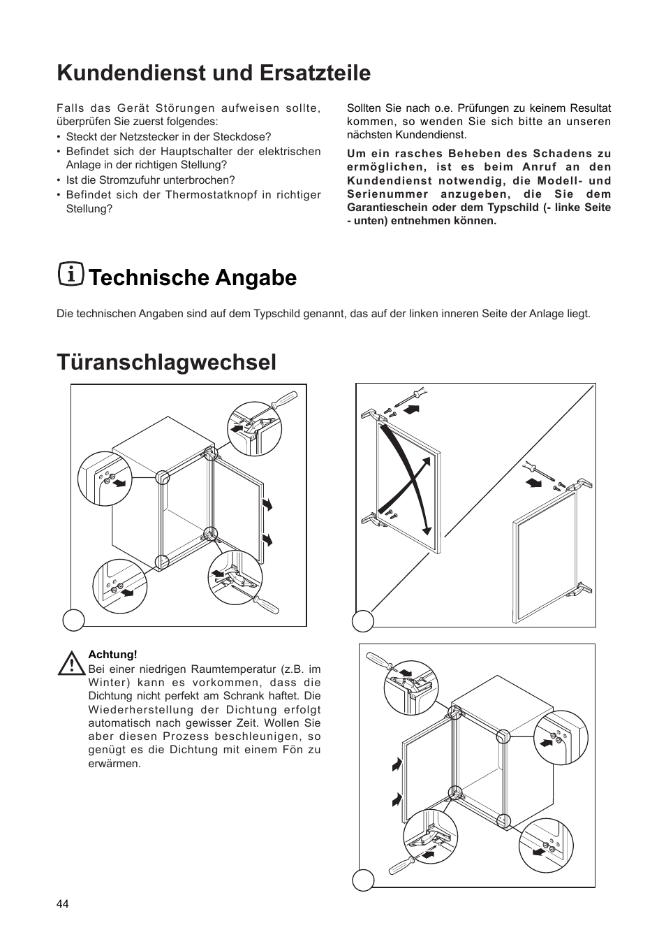 Kundendienst und ersatzteile, Technische angabe, Tÿranschlagwechsel | DE DIETRICH DFF310JE1 User Manual | Page 44 / 76